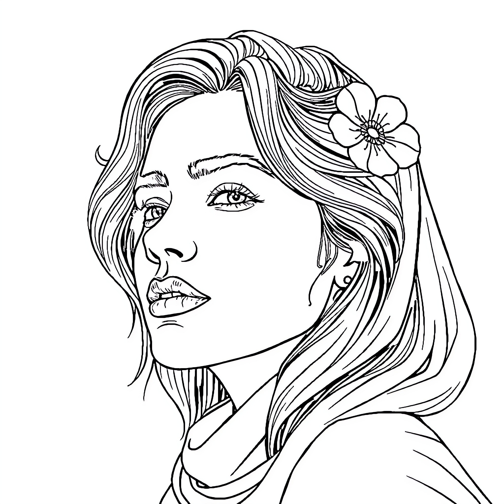 Image of a woman with long hair and a flower Coloring Page (free black-and-white line drawing printable PDF for all, from beginners to advanced learners, including children, teens, adults, and seniors)