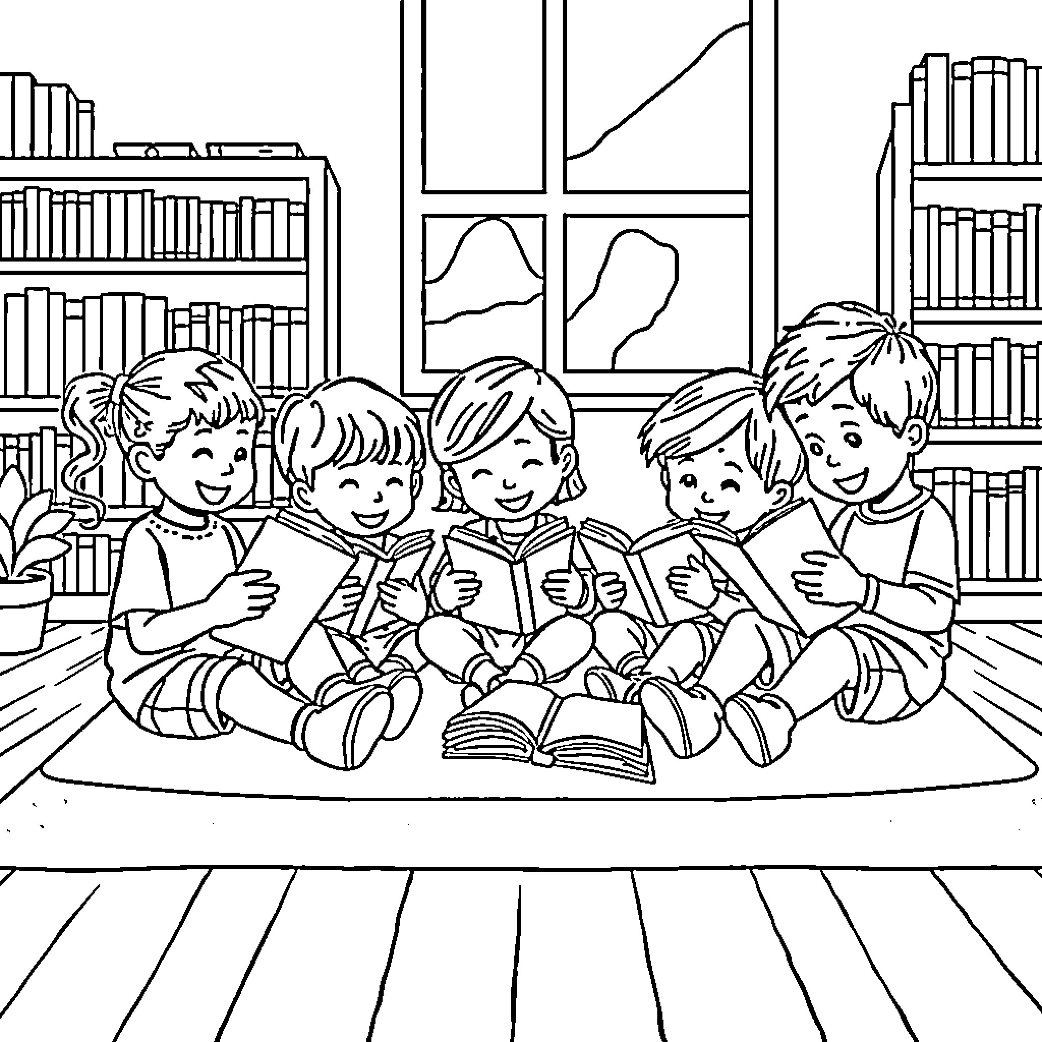Students Studying and Reading Together in the Library Coloring Page (free black-and-white line drawing printable PDF for all, from beginners to advanced learners, including children, teens, adults, and seniors)