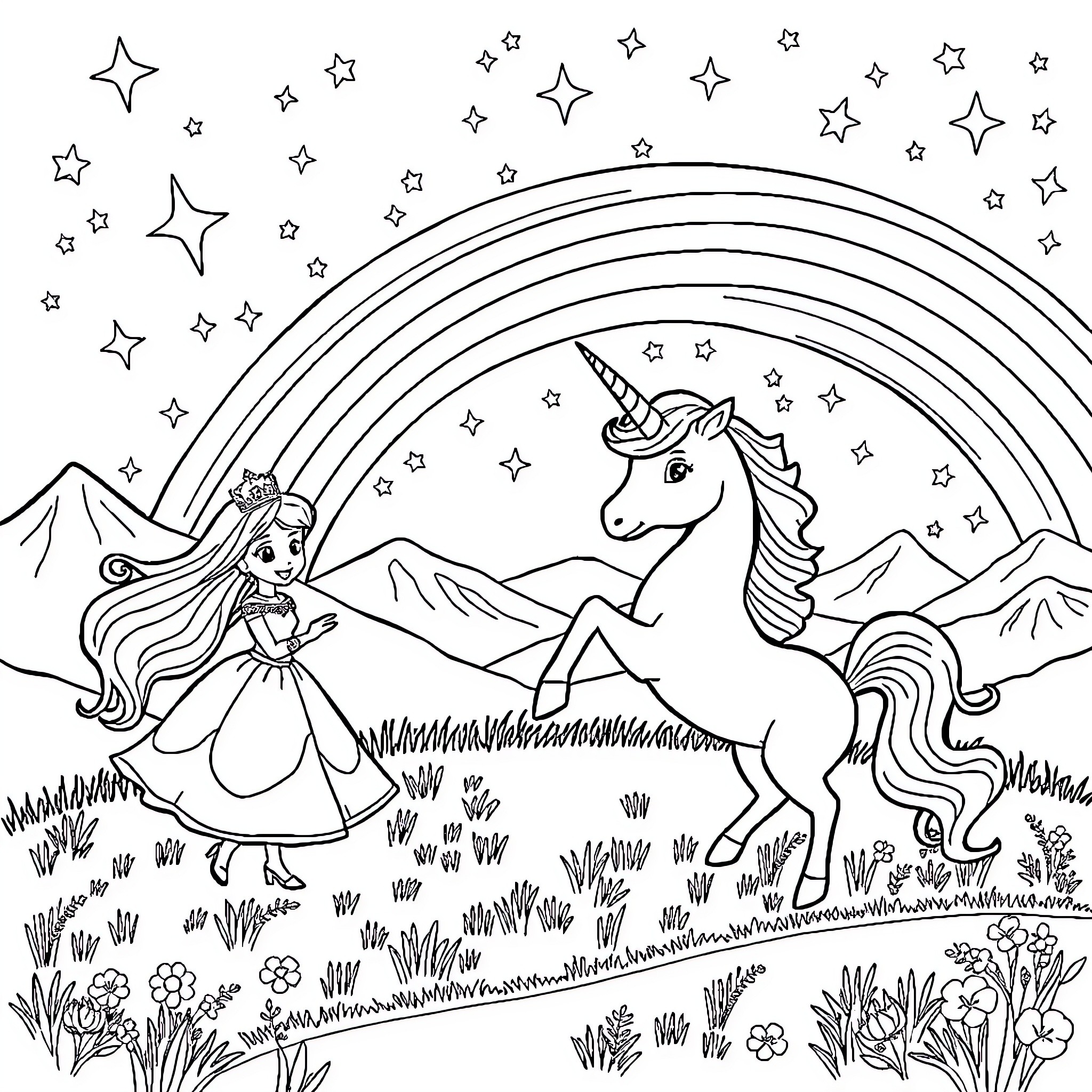 Princess Explores the Magical Unicorn Landscape Coloring Page (free black-and-white line drawing printable PDF for all, from beginners to advanced learners, including children, teens, adults, and seniors)