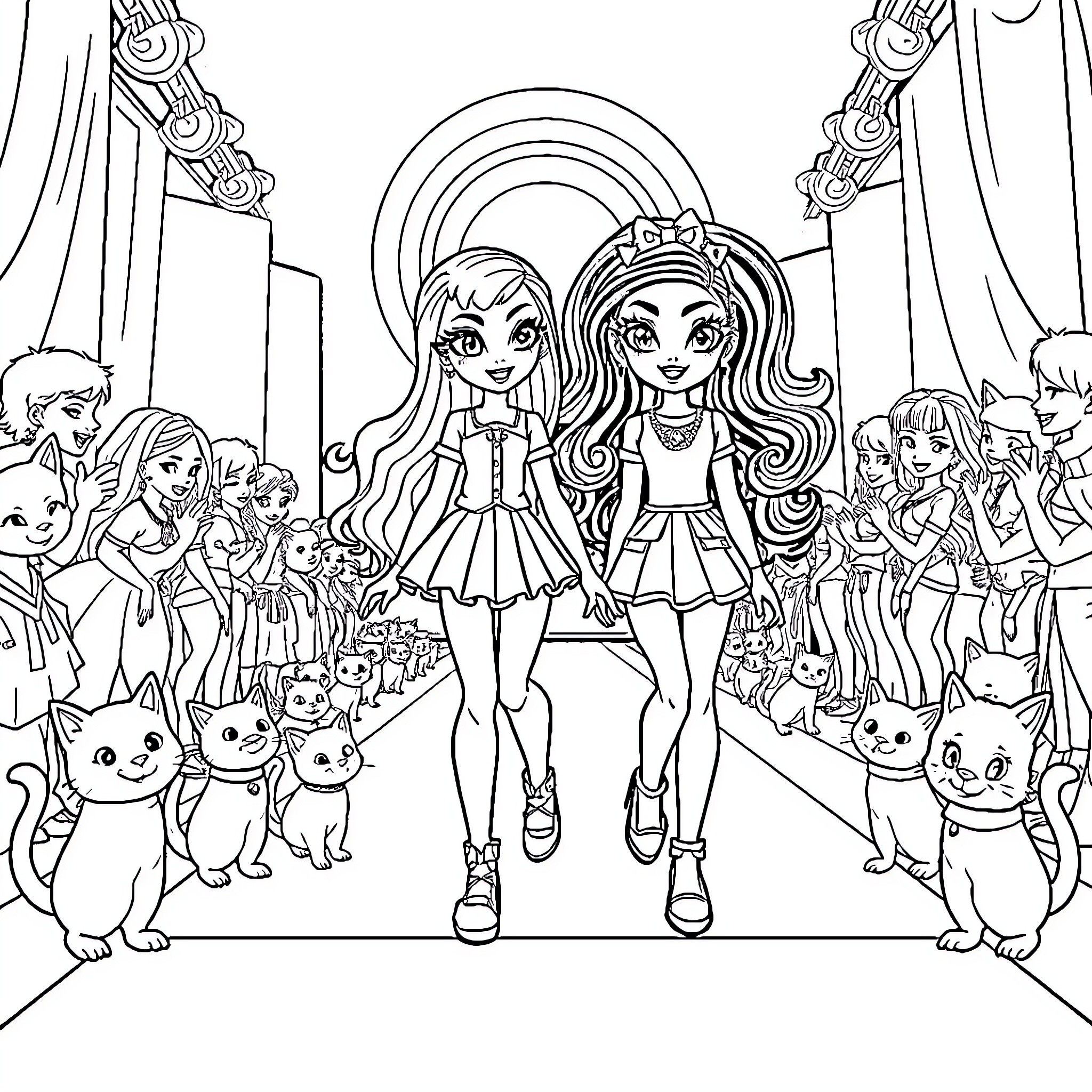 Girl Anime Characters Walking on Stage with Pets Coloring Page (free black-and-white line drawing printable PDF for all, from beginners to advanced learners, including children, teens, adults, and seniors)