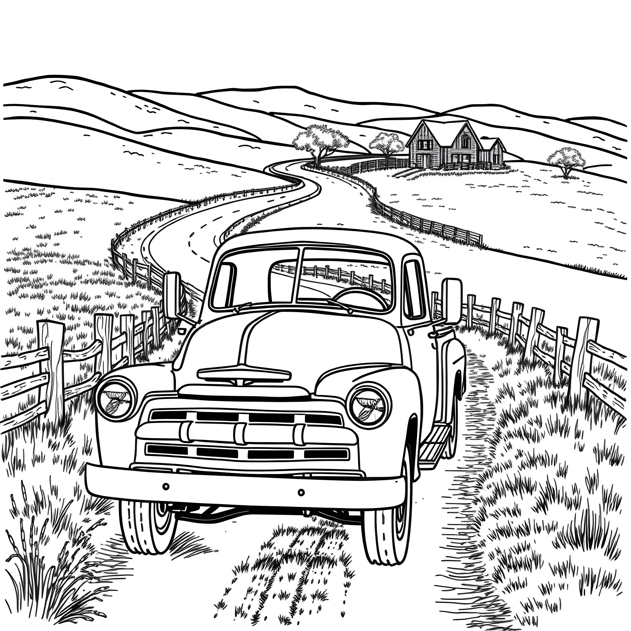 Truck Transporting Through Scenic Rural Landscape Coloring Page (free black-and-white line drawing printable PDF for all, from beginners to advanced learners, including children, teens, adults, and seniors)