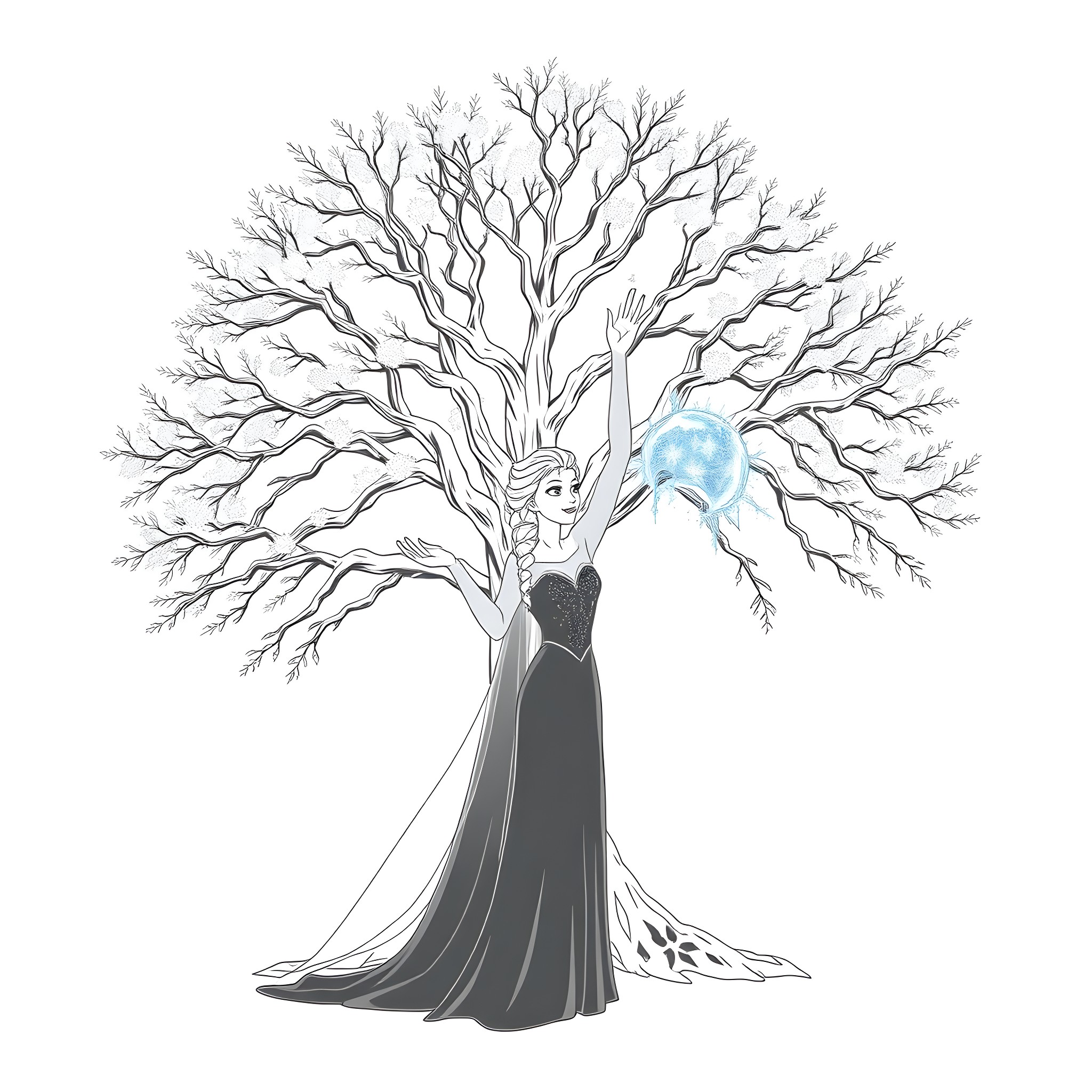 Elsa's Magical Embrace of Winter's Beauty Coloring Page (free black-and-white line drawing printable PDF for all, from beginners to advanced learners, including children, teens, adults, and seniors)