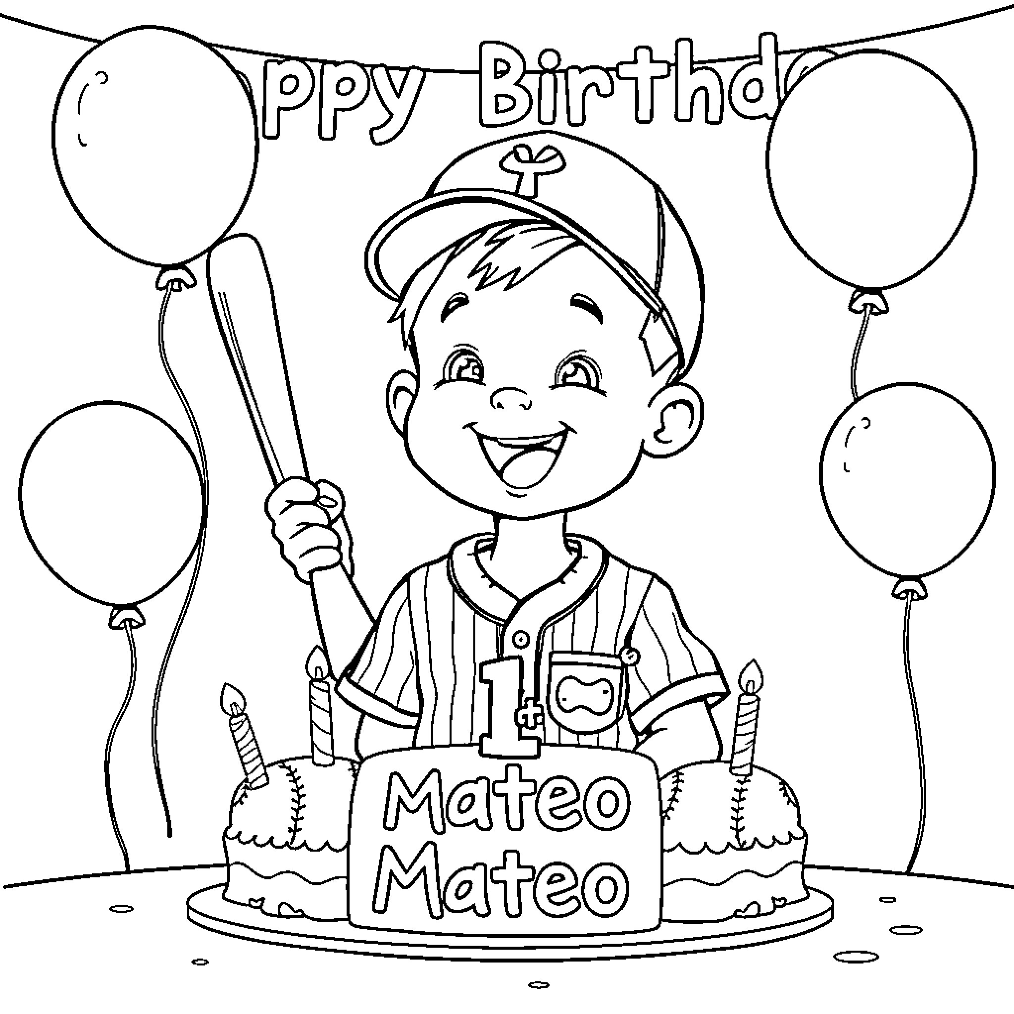 Baseball Player Celebrating Birthday with Cake and Balloons Coloring Page (free black-and-white line drawing printable PDF for all, from beginners to advanced learners, including children, teens, adults, and seniors)