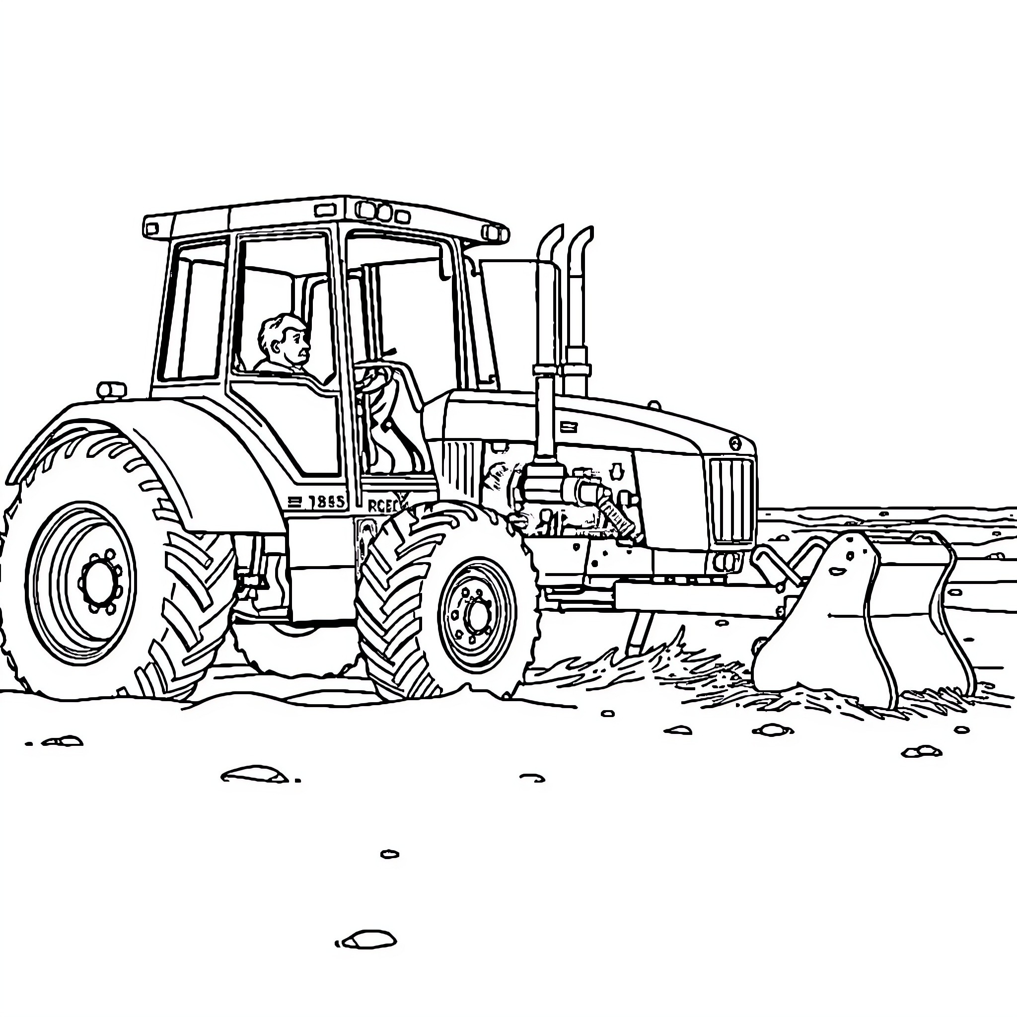 Tractor plowing the field Coloring Page (free black-and-white line drawing printable PDF for all, from beginners to advanced learners, including children, teens, adults, and seniors)