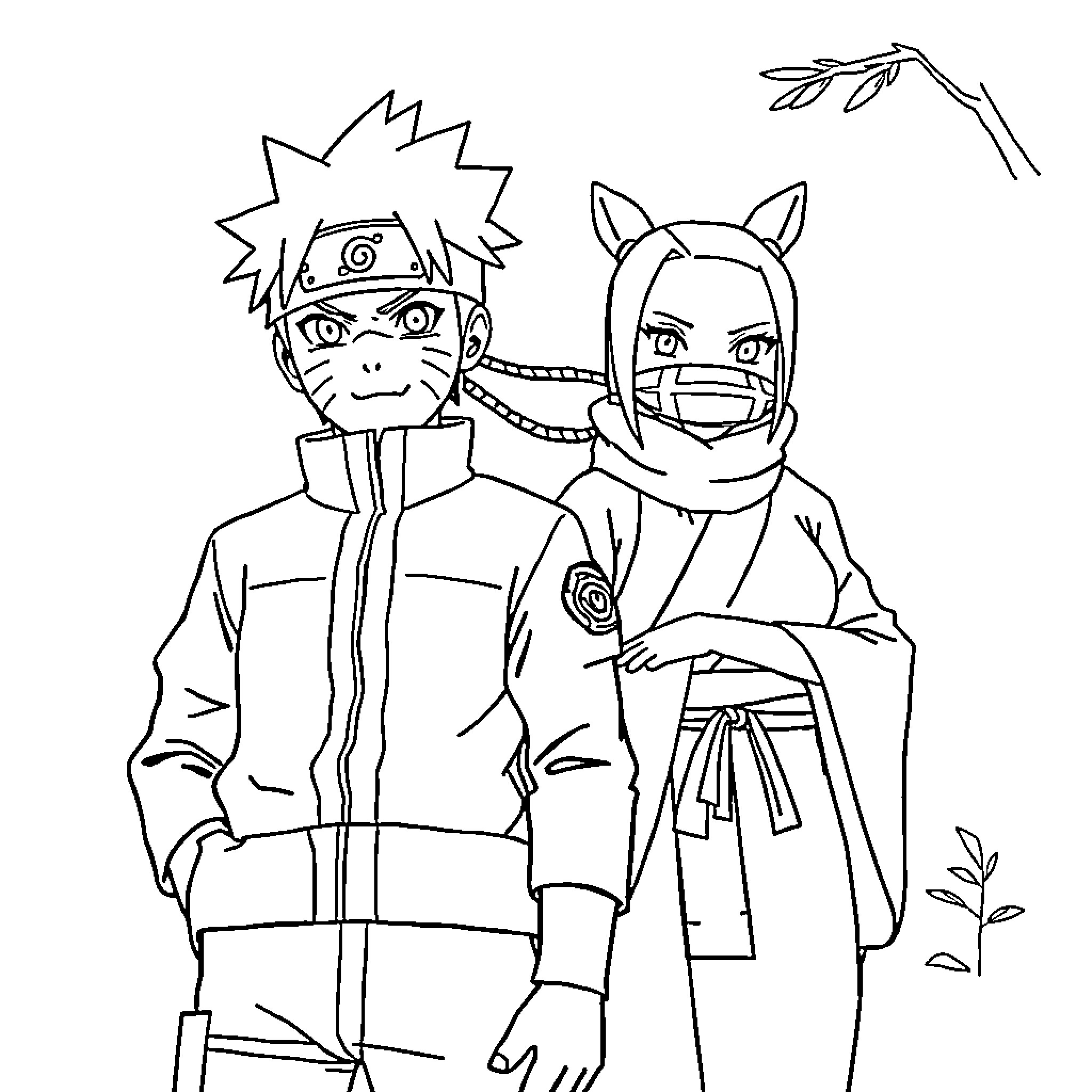 Naruto and Hinata in traditional outfit Coloring Page (free black-and-white line drawing printable PDF for all, from beginners to advanced learners, including children, teens, adults, and seniors)