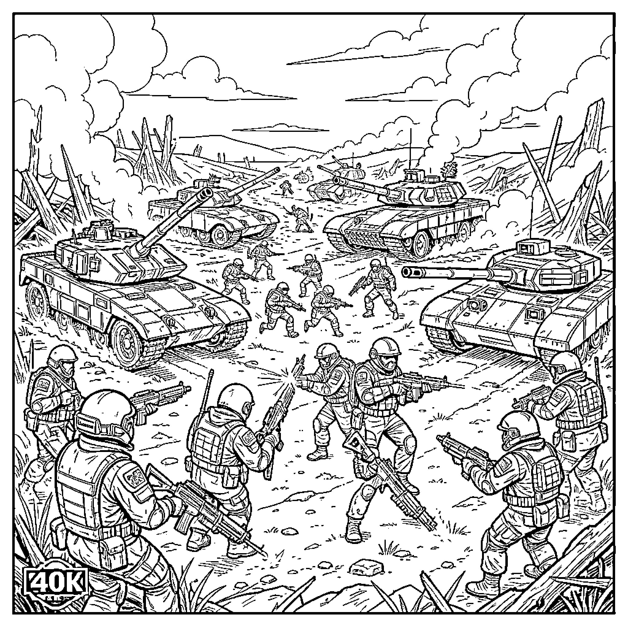 Battle of Military Vehicles and Soldiers in Combat Coloring Page (free black-and-white line drawing printable PDF for all, from beginners to advanced learners, including children, teens, adults, and seniors)