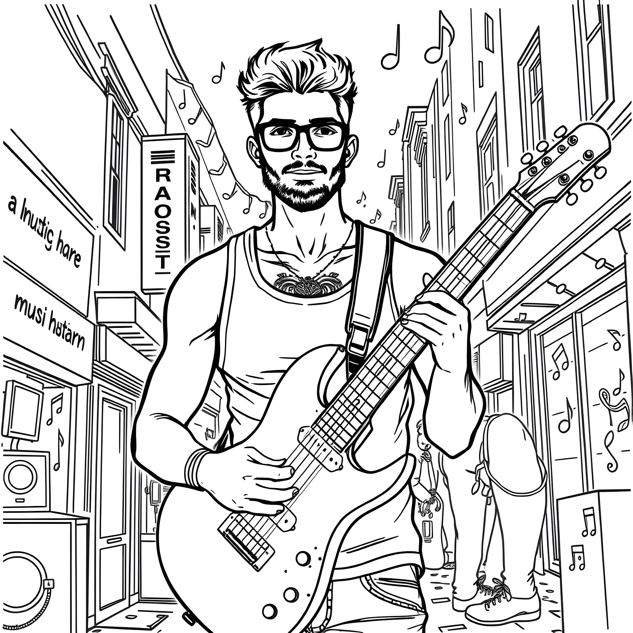 Guy playing guitar on a city street Coloring Page (free black-and-white line drawing printable PDF for all, from beginners to advanced learners, including children, teens, adults, and seniors)