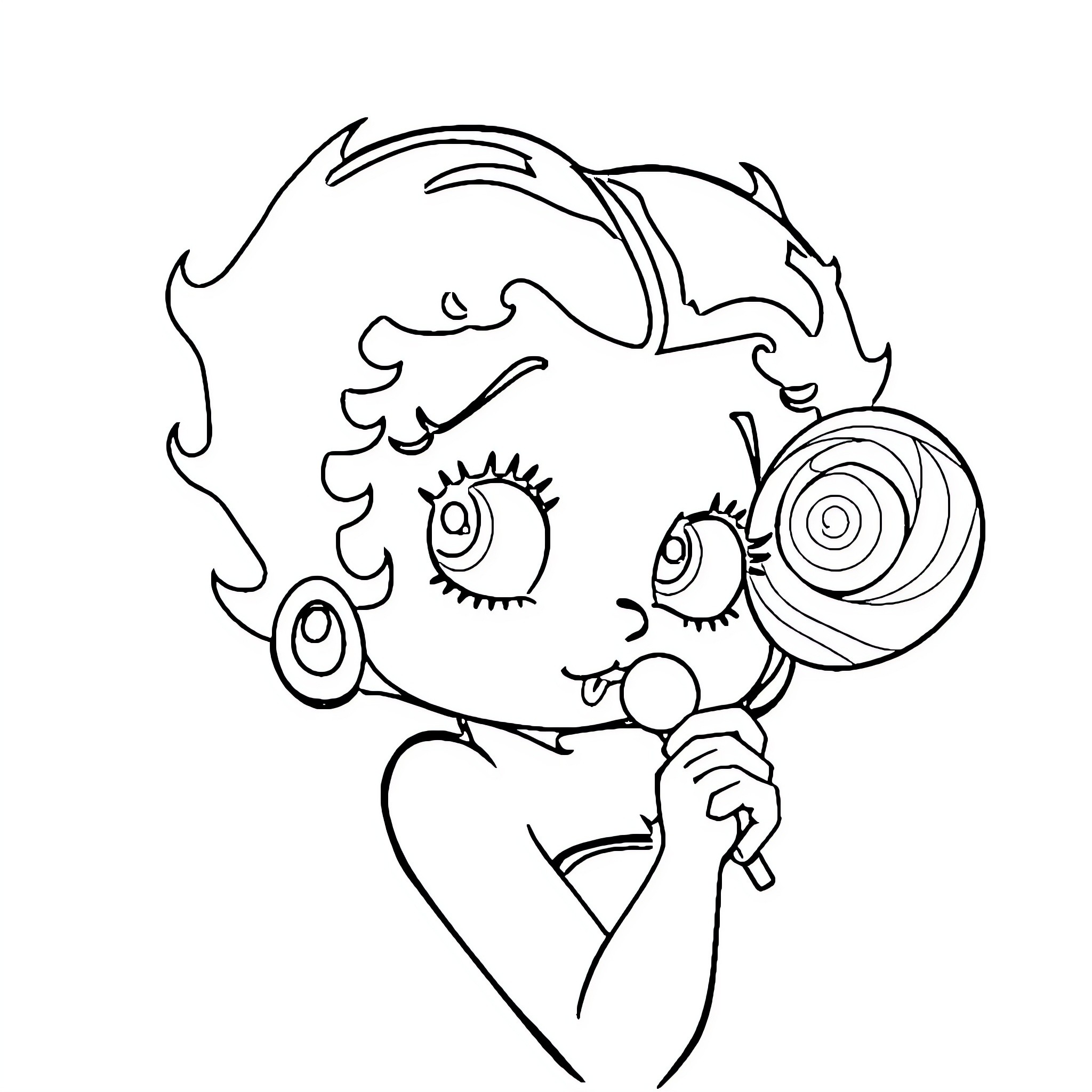 Betty Boop's Whimsical Adventure Coloring Page (free black-and-white line drawing printable PDF for all, from beginners to advanced learners, including children, teens, adults, and seniors)