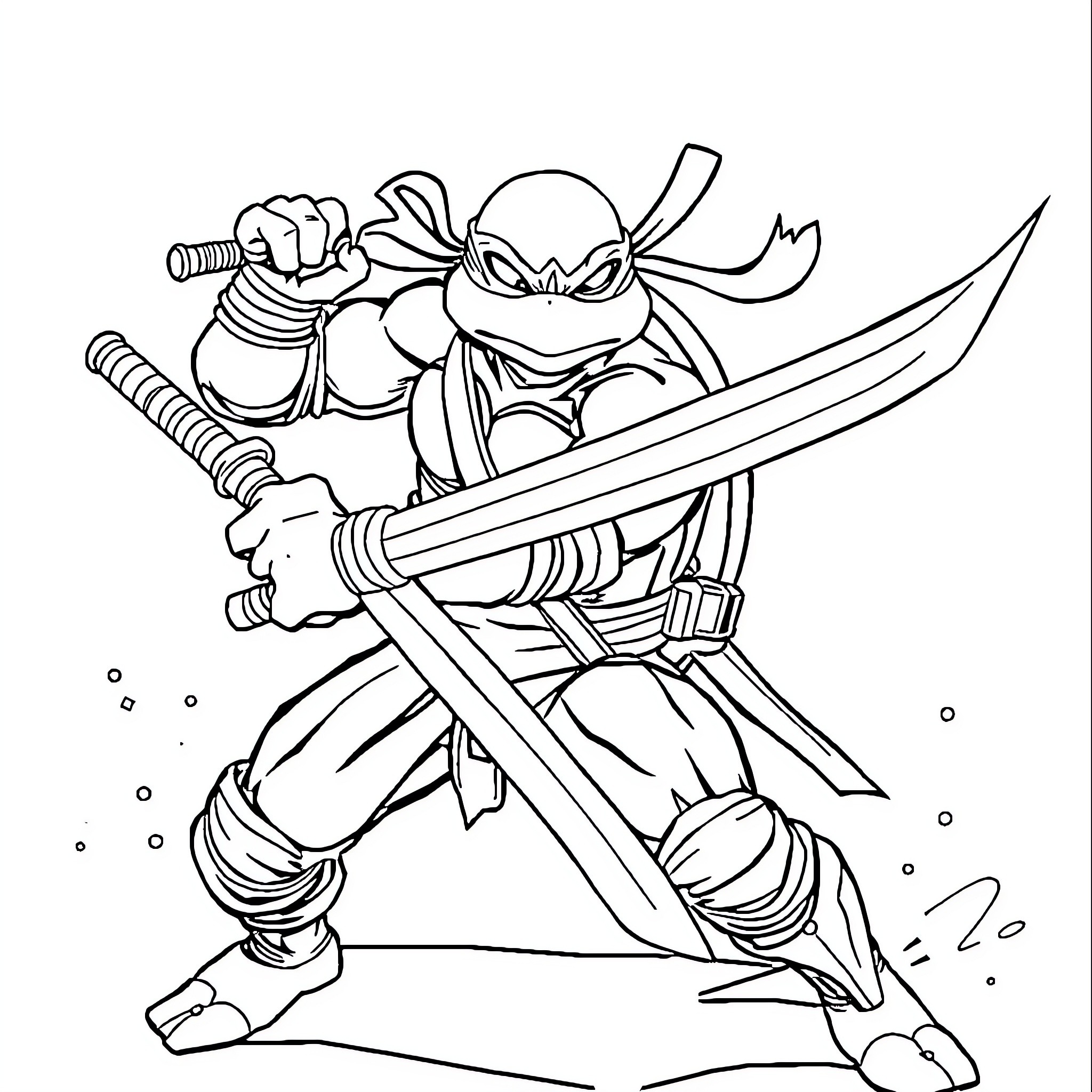 Leonardo's Heroic Warrior in Action Coloring Page (free black-and-white line drawing printable PDF for all, from beginners to advanced learners, including children, teens, adults, and seniors)