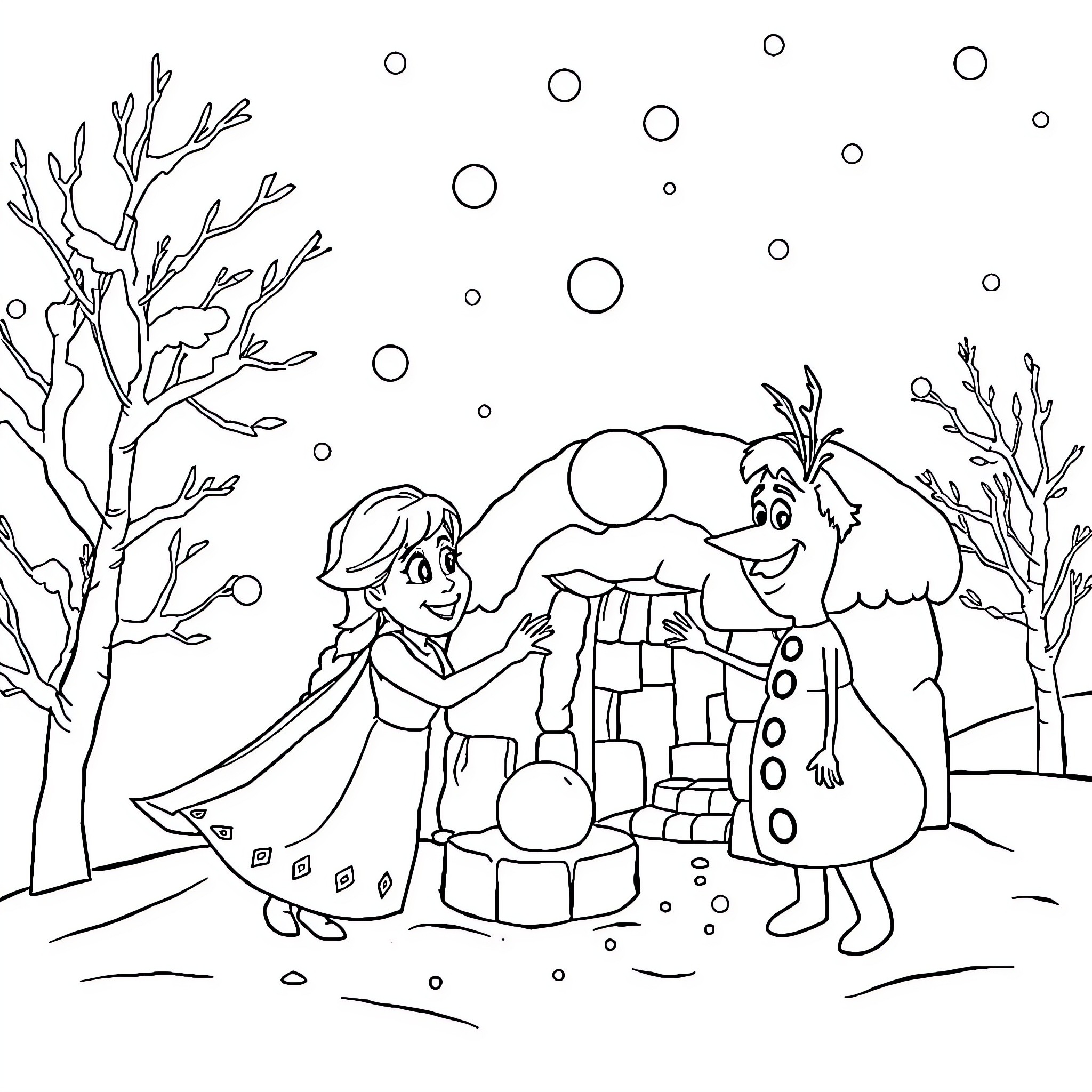 Elsa building a snowman with Olaf in the winter landscape Coloring Page (free black-and-white line drawing printable PDF for all, from beginners to advanced learners, including children, teens, adults, and seniors)