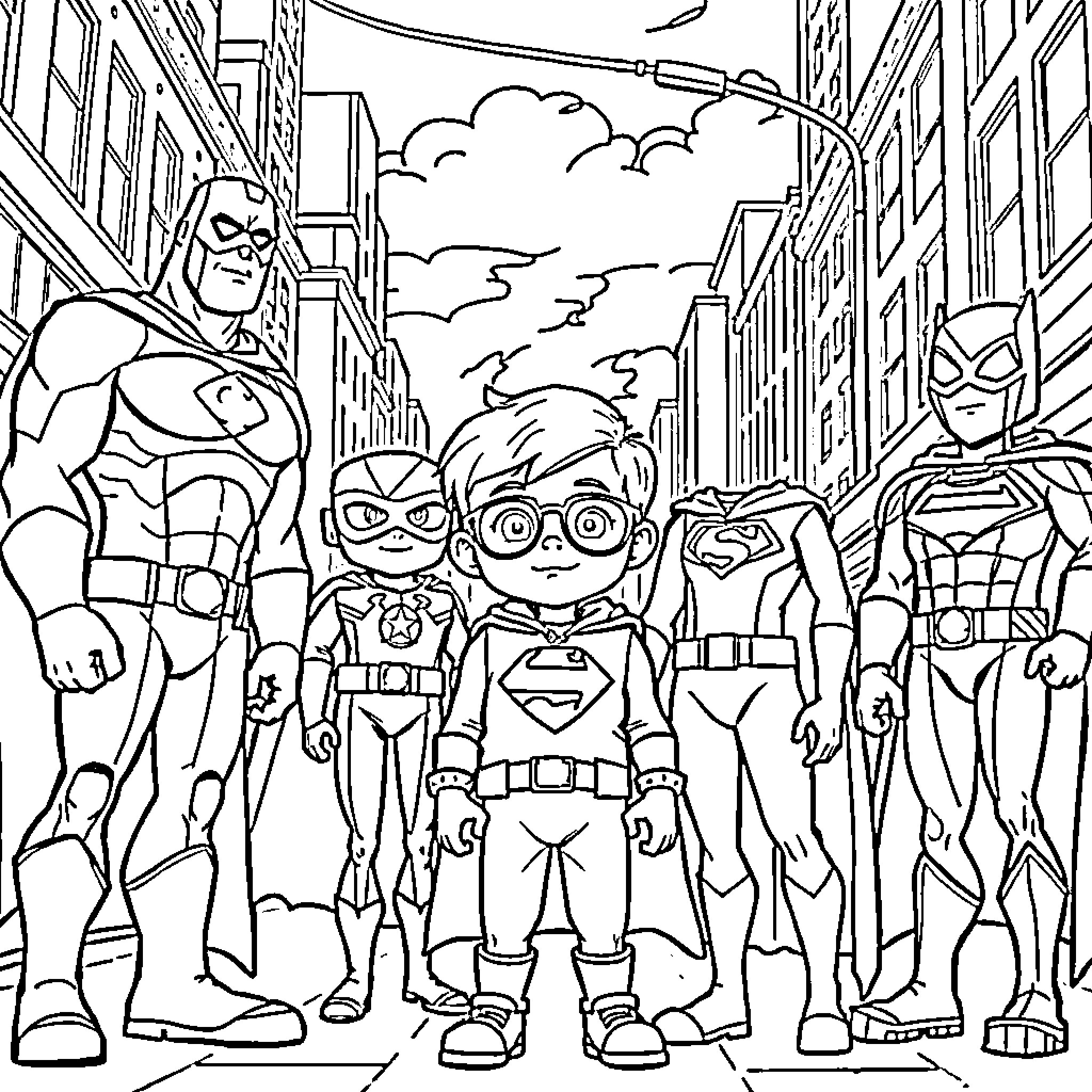 Superhero team in action-packed urban scene Coloring Page (free black-and-white line drawing printable PDF for all, from beginners to advanced learners, including children, teens, adults, and seniors)