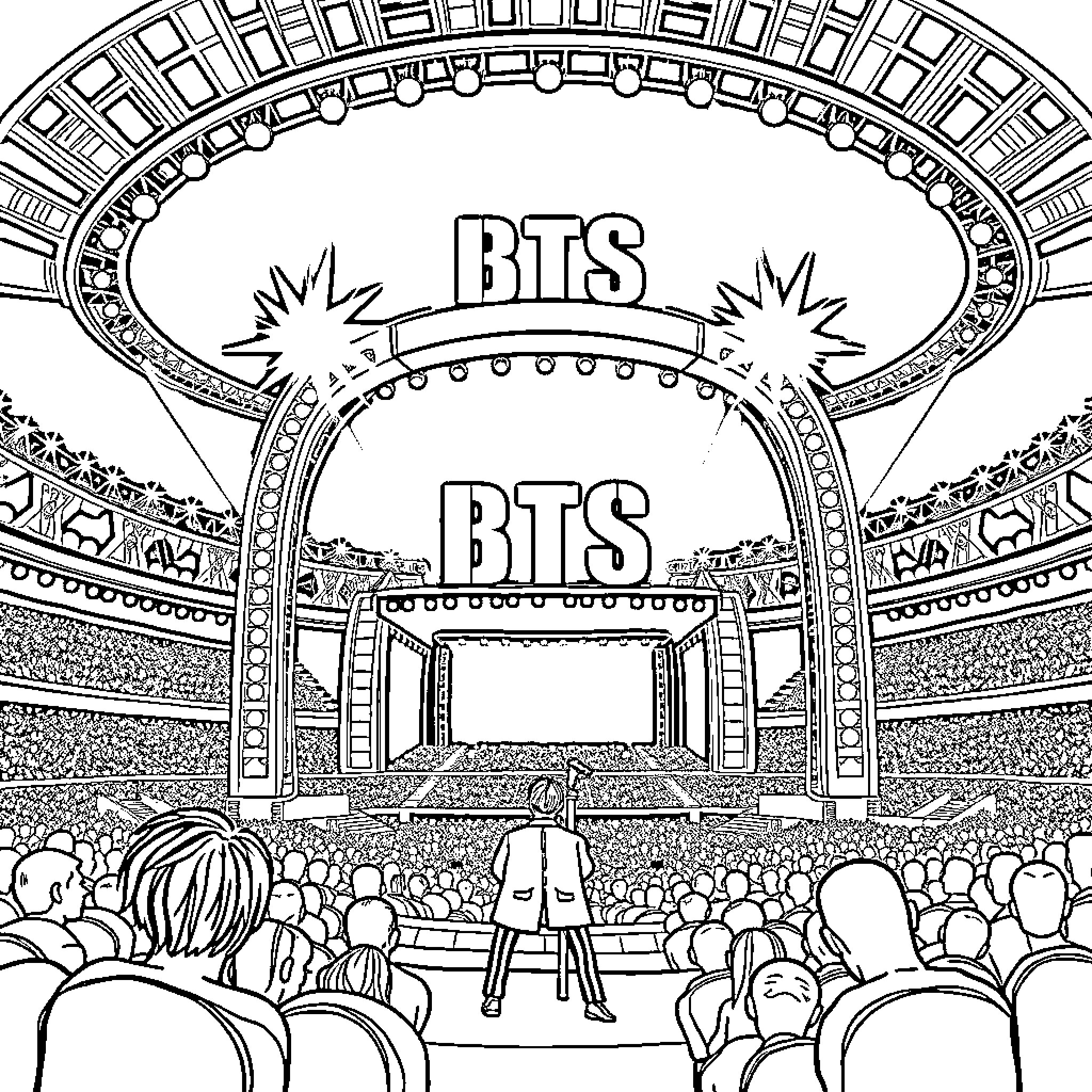 BTS performing on grand stage with audience Coloring Page (free black-and-white line drawing printable PDF for all, from beginners to advanced learners, including children, teens, adults, and seniors)