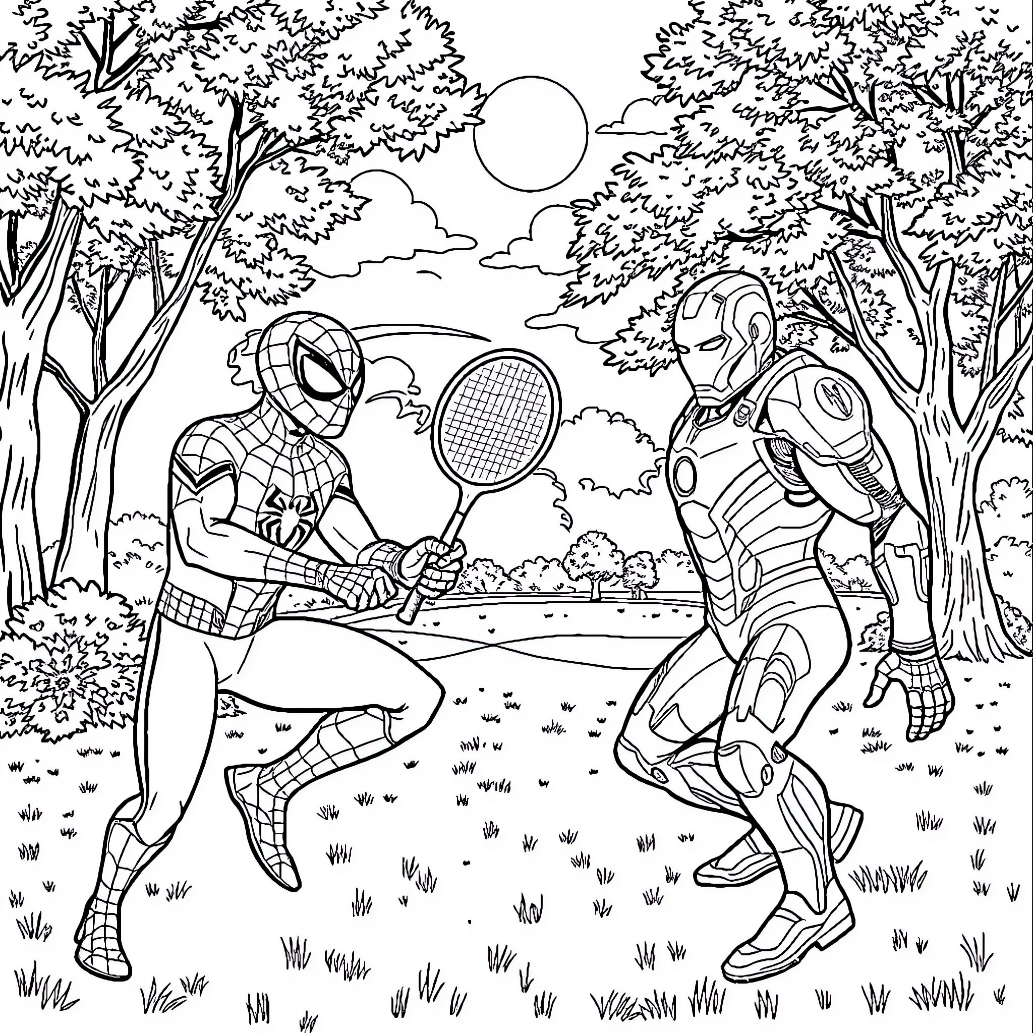 Spiderman playing tennis with Iron Man in the forest Coloring Page (free black-and-white line drawing printable PDF for all, from beginners to advanced learners, including children, teens, adults, and seniors)