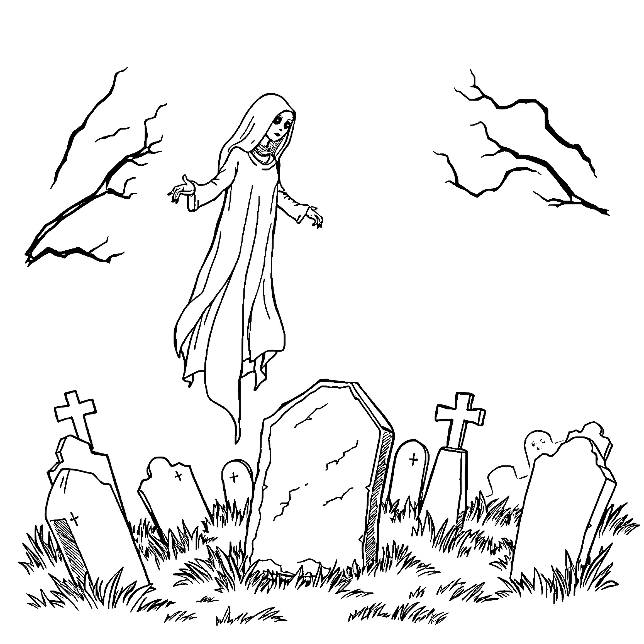 Ghost Haunting Spooky Graveyard at Night Coloring Page (free black-and-white line drawing printable PDF for all, from beginners to advanced learners, including children, teens, adults, and seniors)