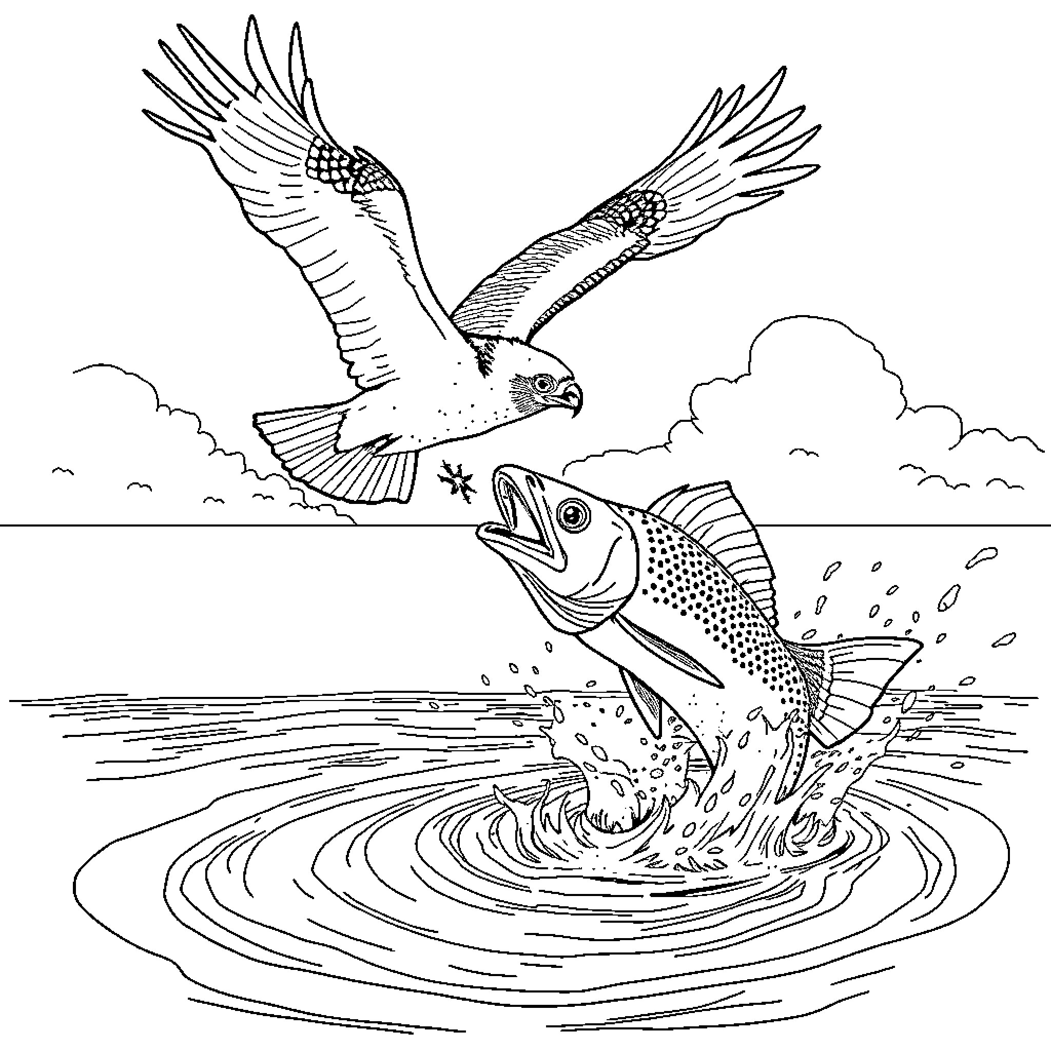 Fish in motion, soaring eagle above Coloring Page (free black-and-white line drawing printable PDF for all, from beginners to advanced learners, including children, teens, adults, and seniors)
