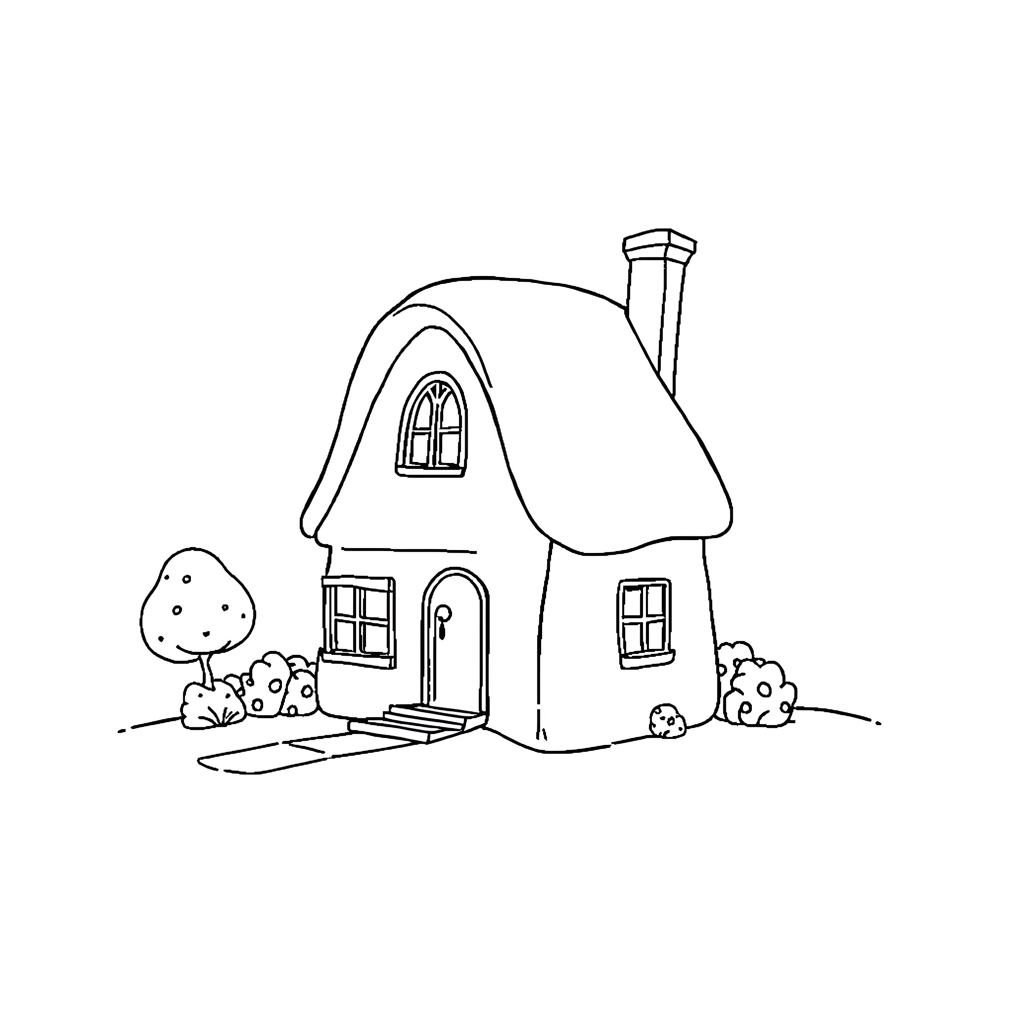 Mushroom cottage with charming surroundings Coloring Page (free black-and-white line drawing printable PDF for all, from beginners to advanced learners, including children, teens, adults, and seniors)