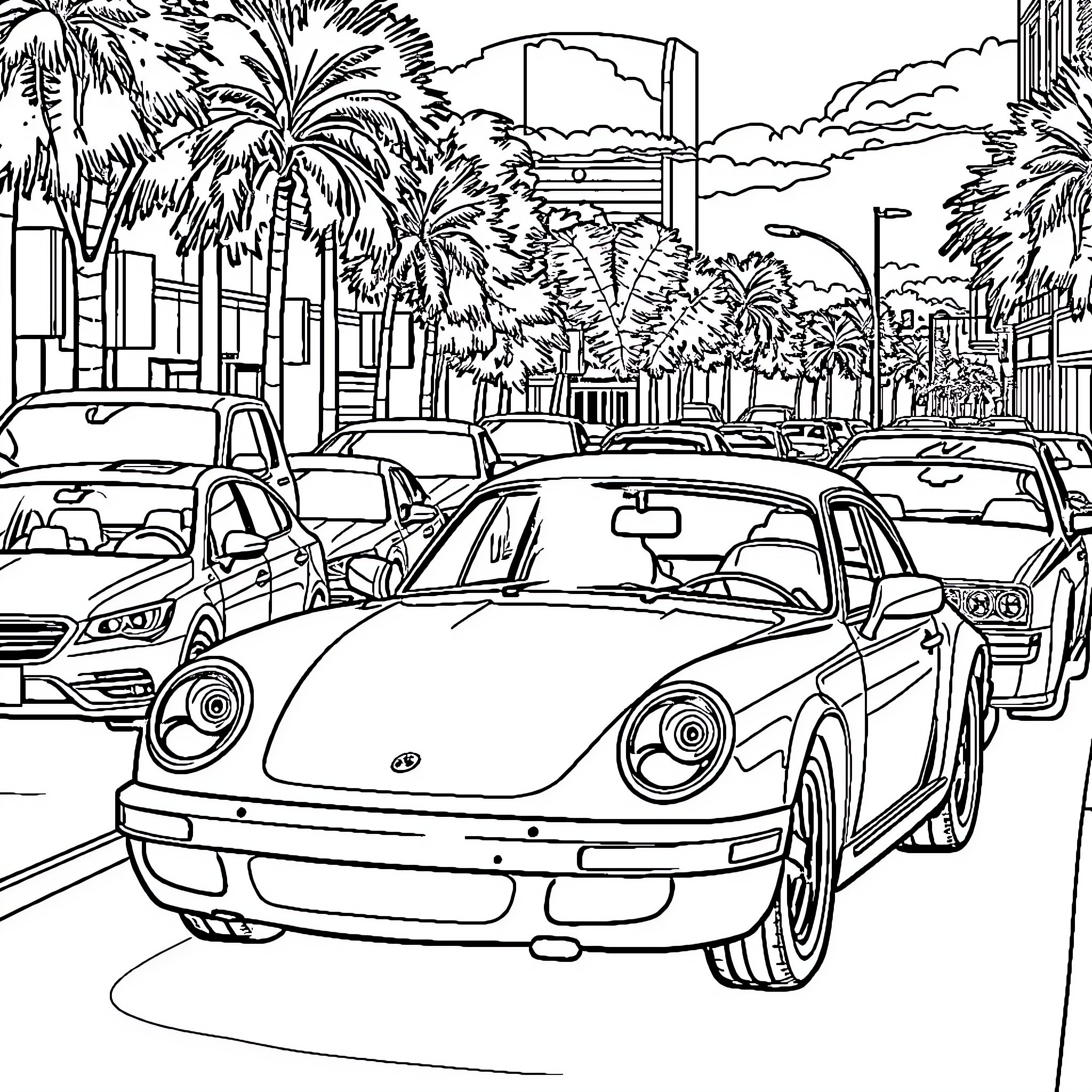 Car Racing in a Tropical City Scene Coloring Page (free black-and-white line drawing printable PDF for all, from beginners to advanced learners, including children, teens, adults, and seniors)