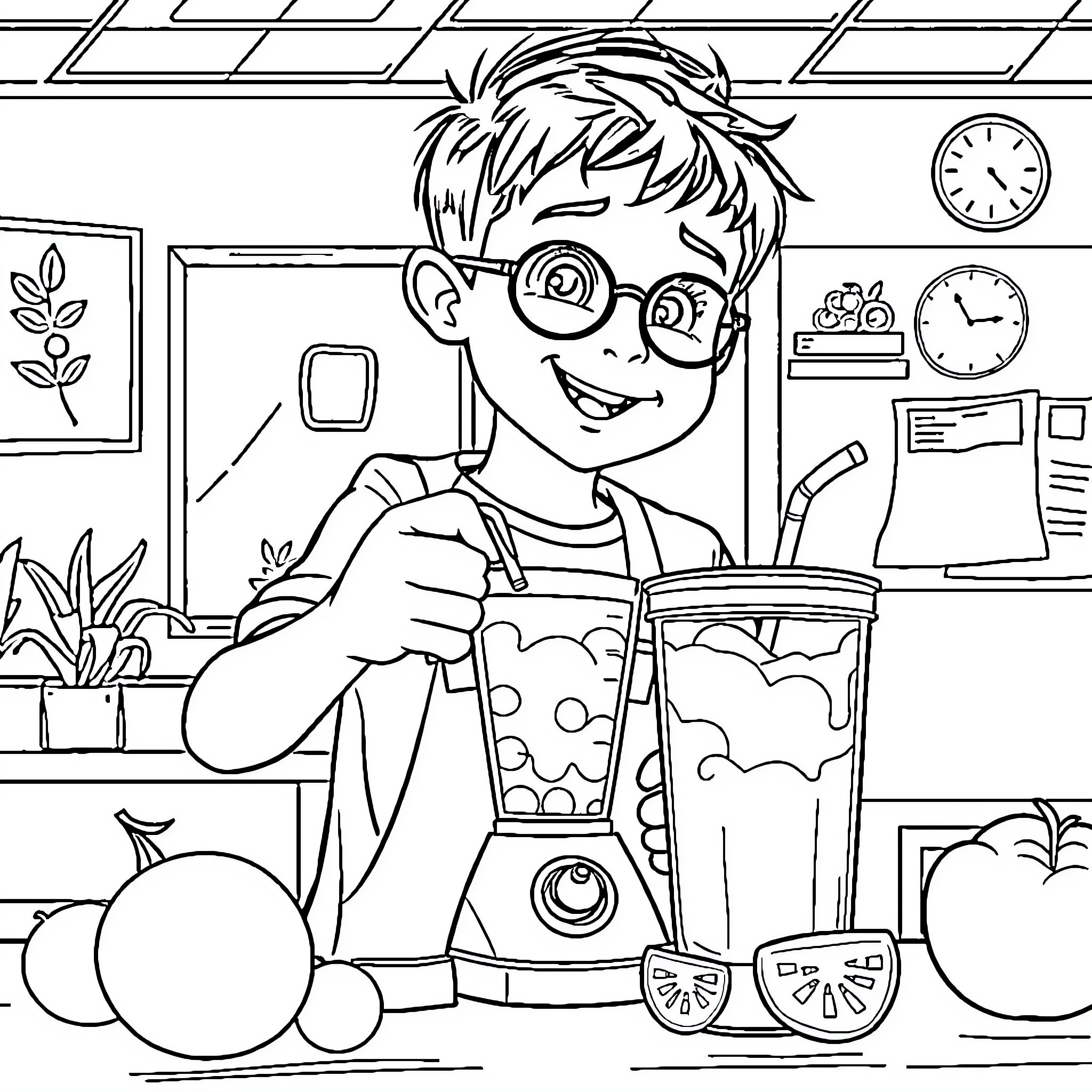 Kid making healthy smoothie in kitchen Coloring Page (free black-and-white line drawing printable PDF for all, from beginners to advanced learners, including children, teens, adults, and seniors)