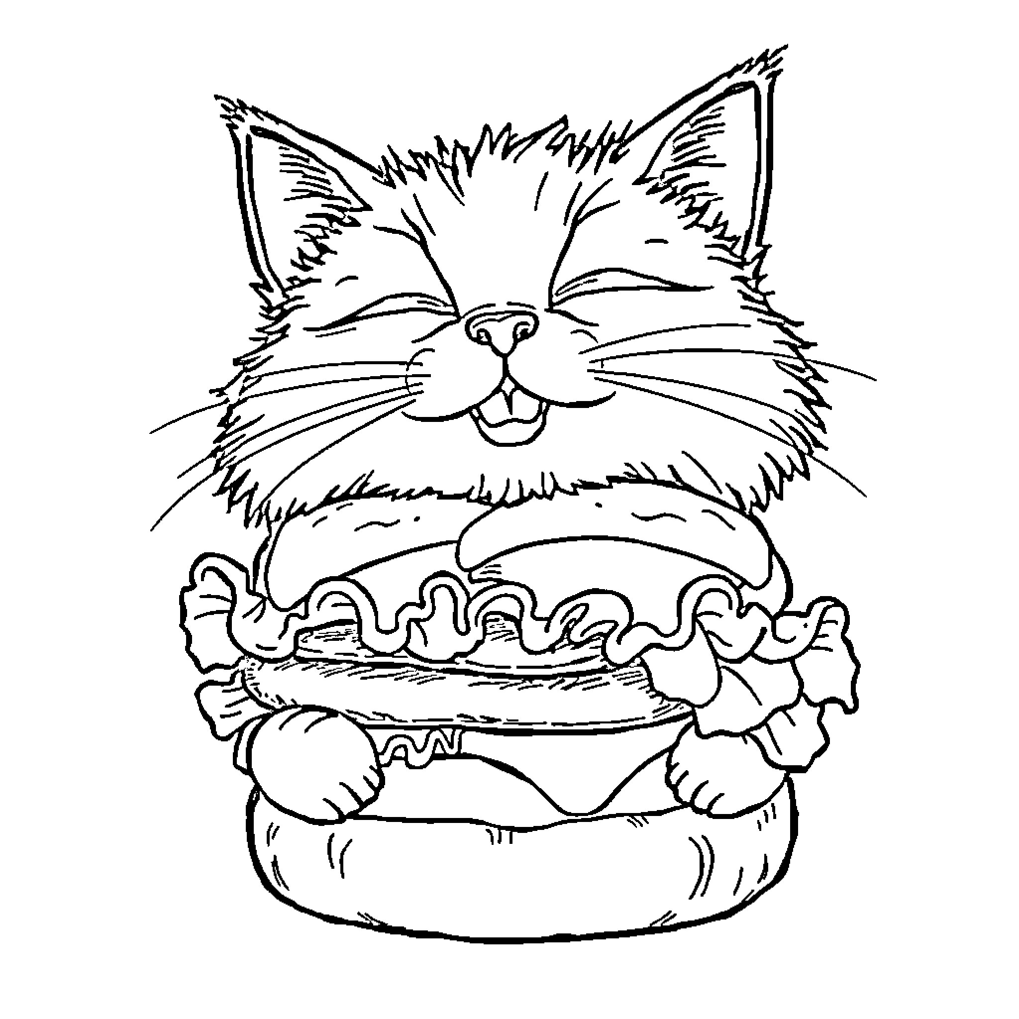 Cat enjoying a tasty meal Coloring Page (free black-and-white line drawing printable PDF for all, from beginners to advanced learners, including children, teens, adults, and seniors)