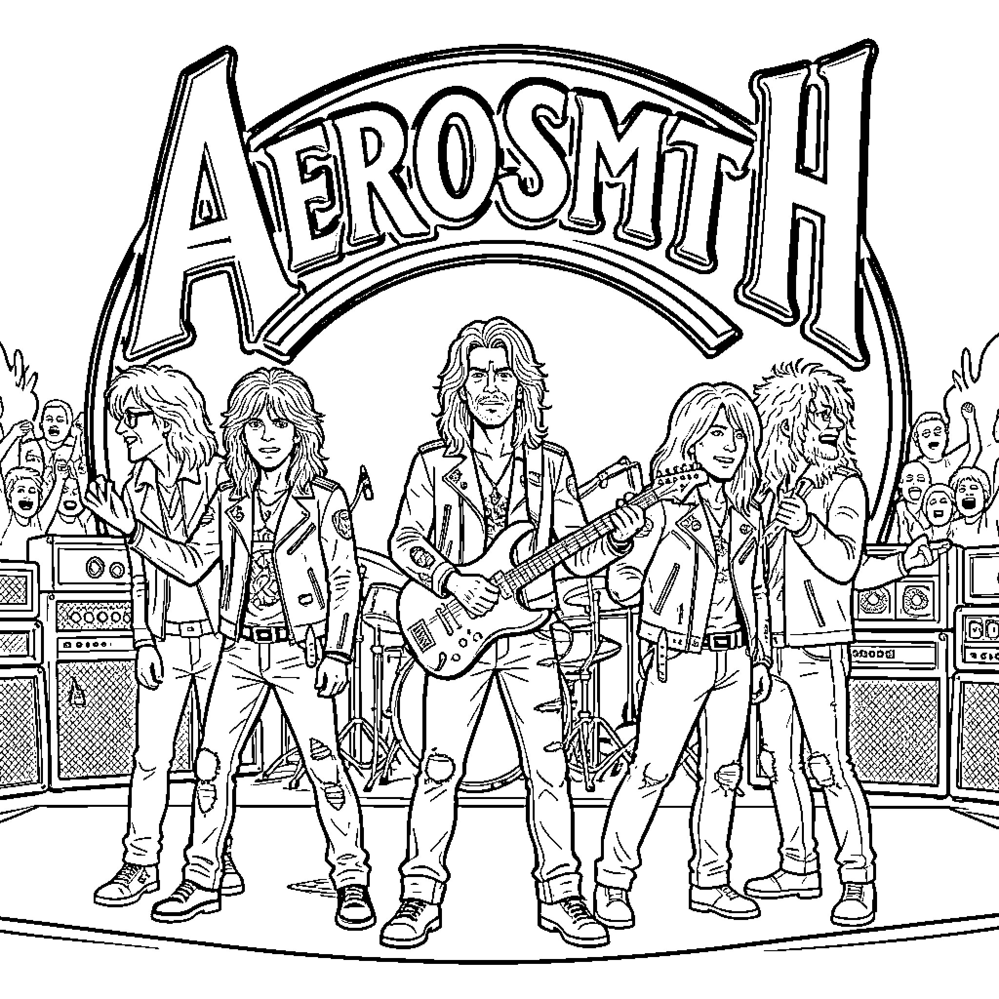 Aerosmith band members performing on stage with instruments Coloring Page (free black-and-white line drawing printable PDF for all, from beginners to advanced learners, including children, teens, adults, and seniors)