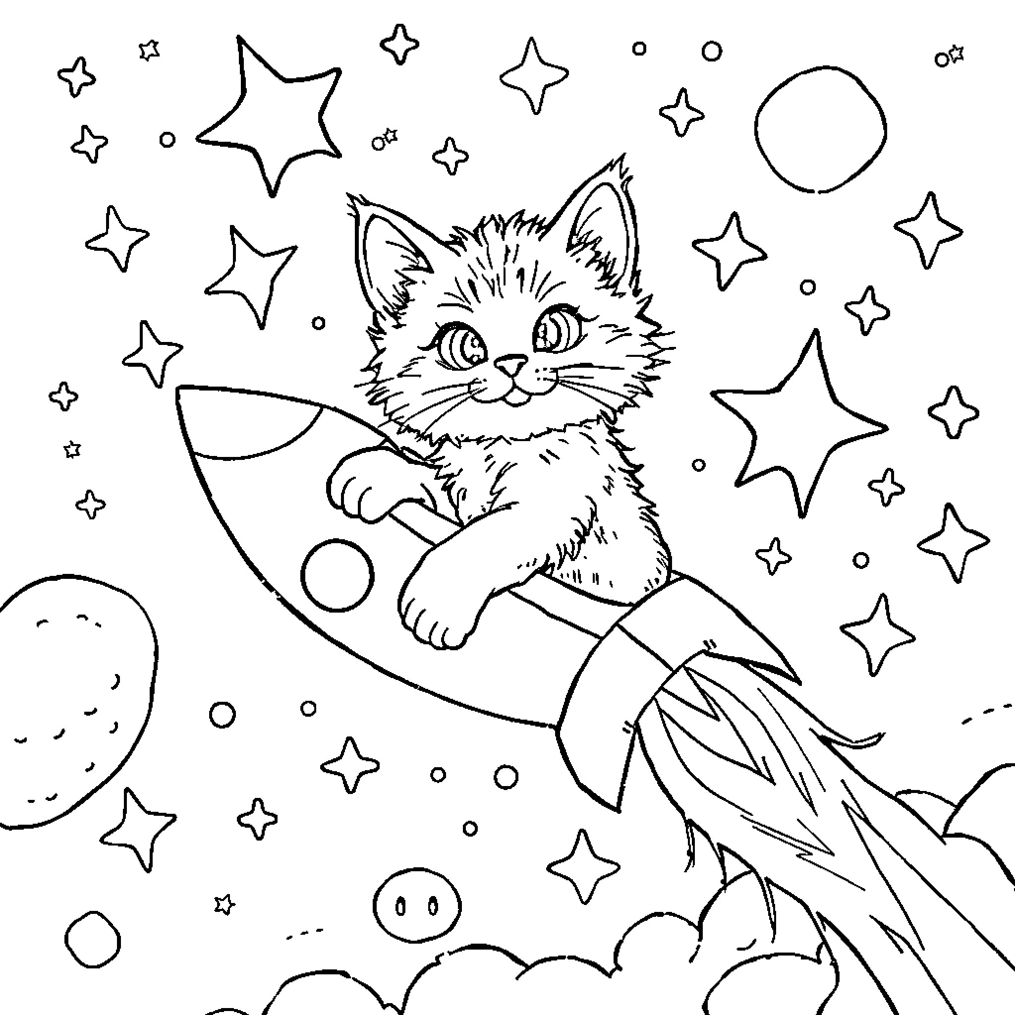 Cat soaring through cosmic space with stars Coloring Page (free black-and-white line drawing printable PDF for all, from beginners to advanced learners, including children, teens, adults, and seniors)