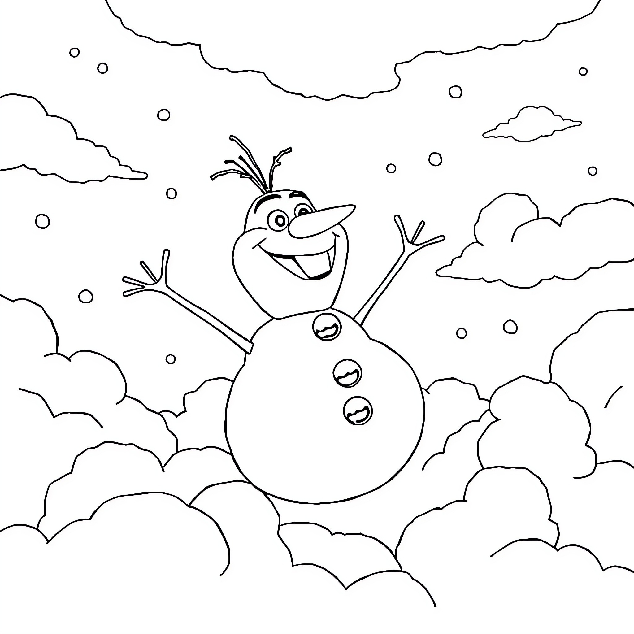Olaf enjoying a snowy day Coloring Page (free black-and-white line drawing printable PDF for all, from beginners to advanced learners, including children, teens, adults, and seniors)