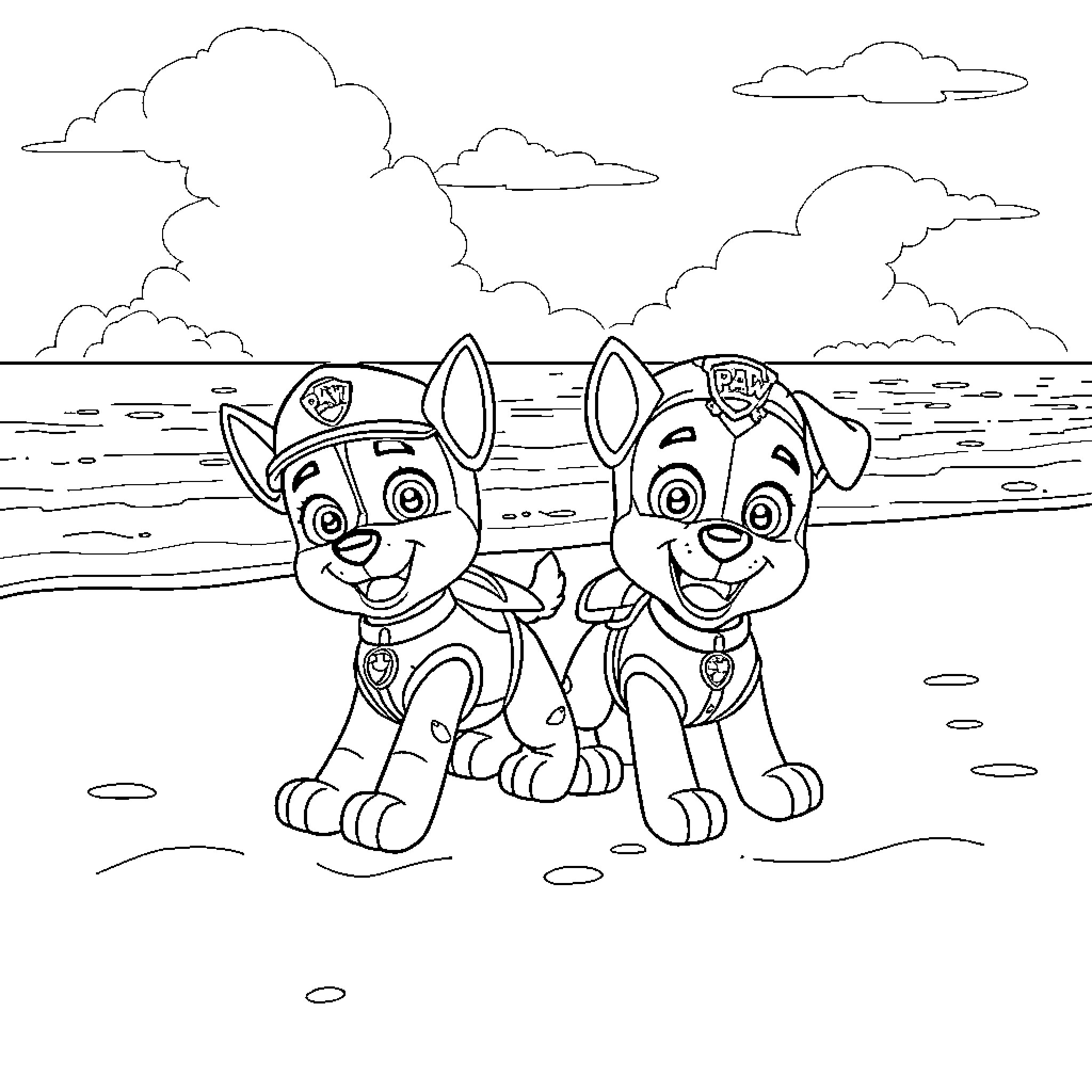 Paw Patrol puppies on beach adventure Coloring Page (free black-and-white line drawing printable PDF for all, from beginners to advanced learners, including children, teens, adults, and seniors)