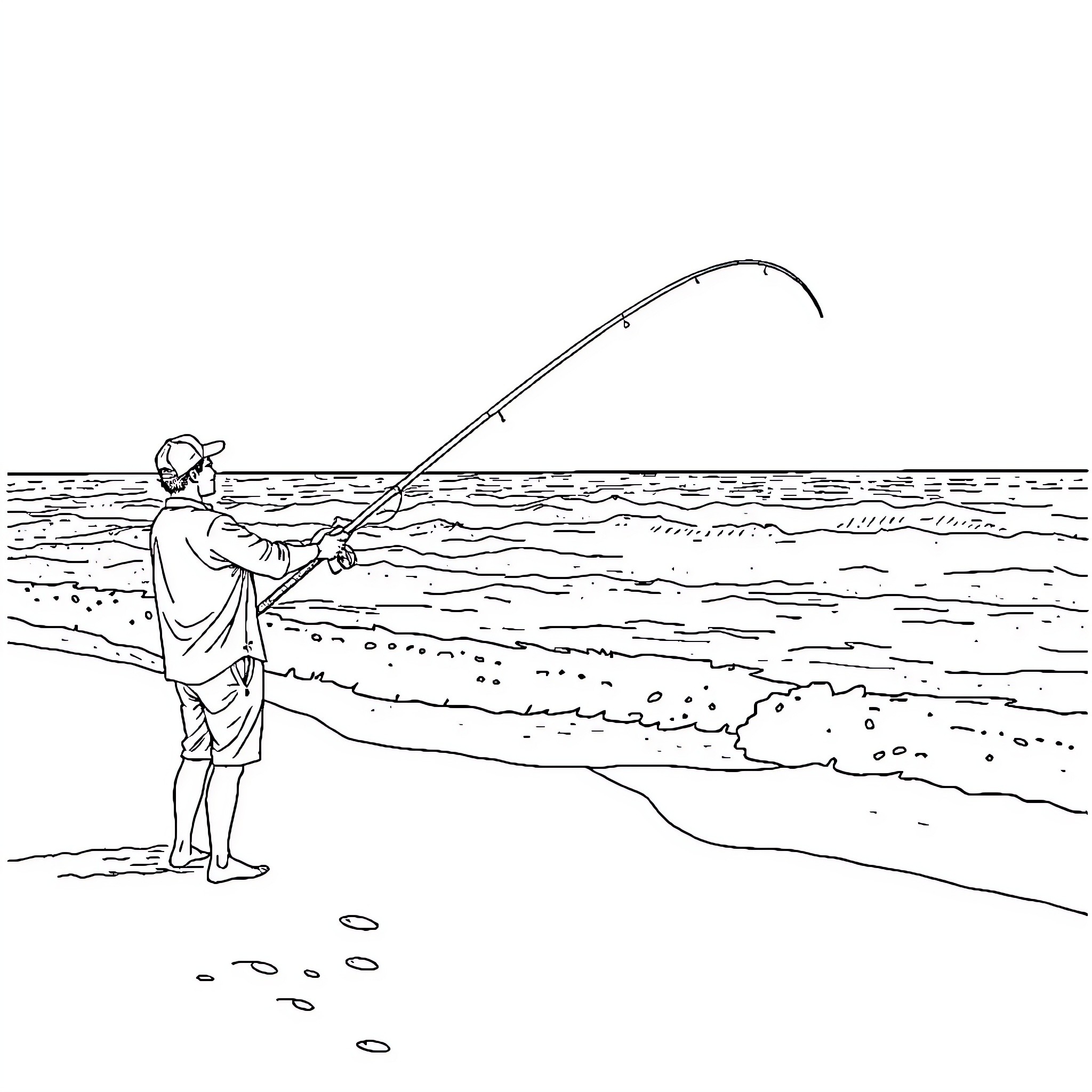 Man fishing with a rod at the beach Coloring Page (free black-and-white line drawing printable PDF for all, from beginners to advanced learners, including children, teens, adults, and seniors)