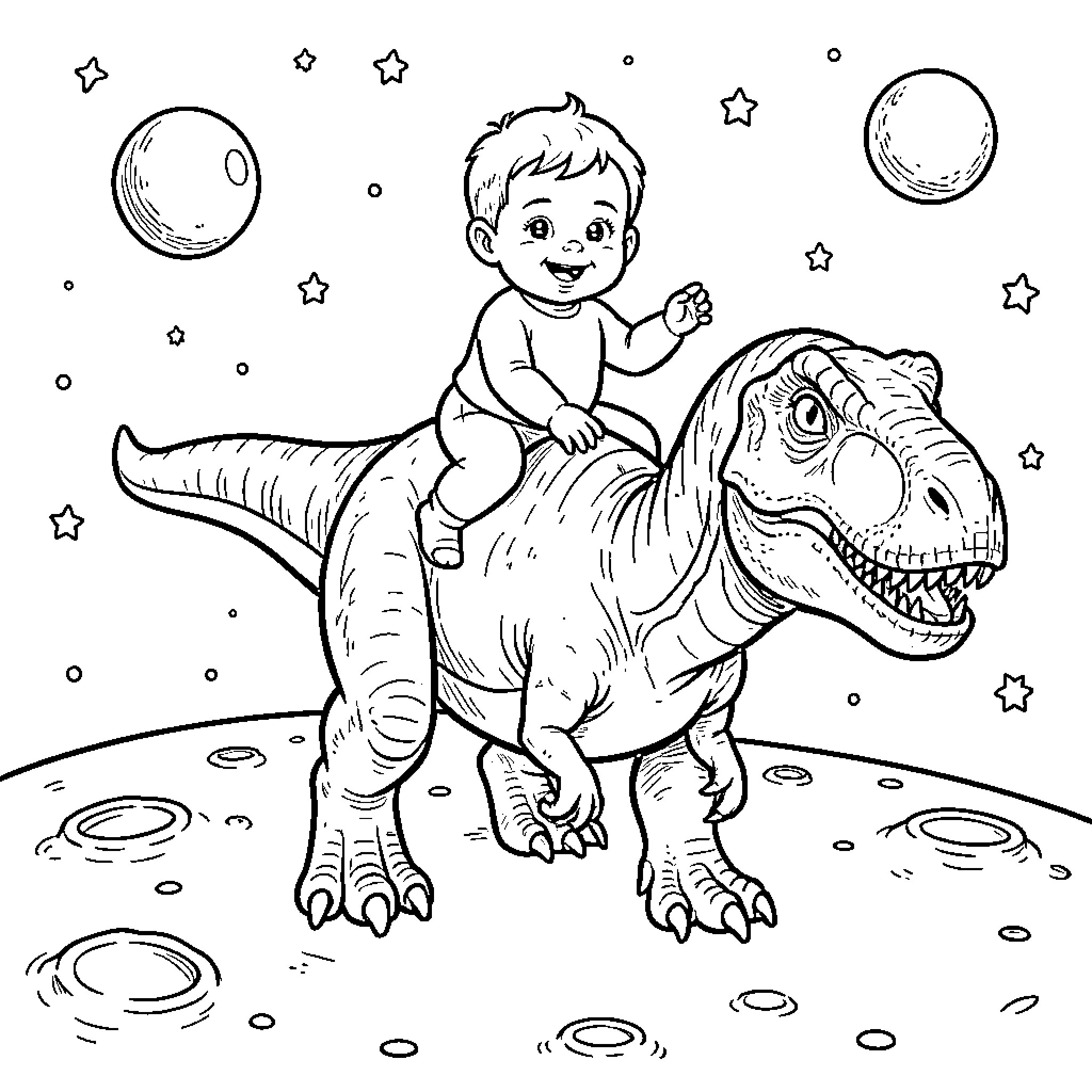 Baby riding a friendly dinosaur under the stars Coloring Page (free black-and-white line drawing printable PDF for all, from beginners to advanced learners, including children, teens, adults, and seniors)