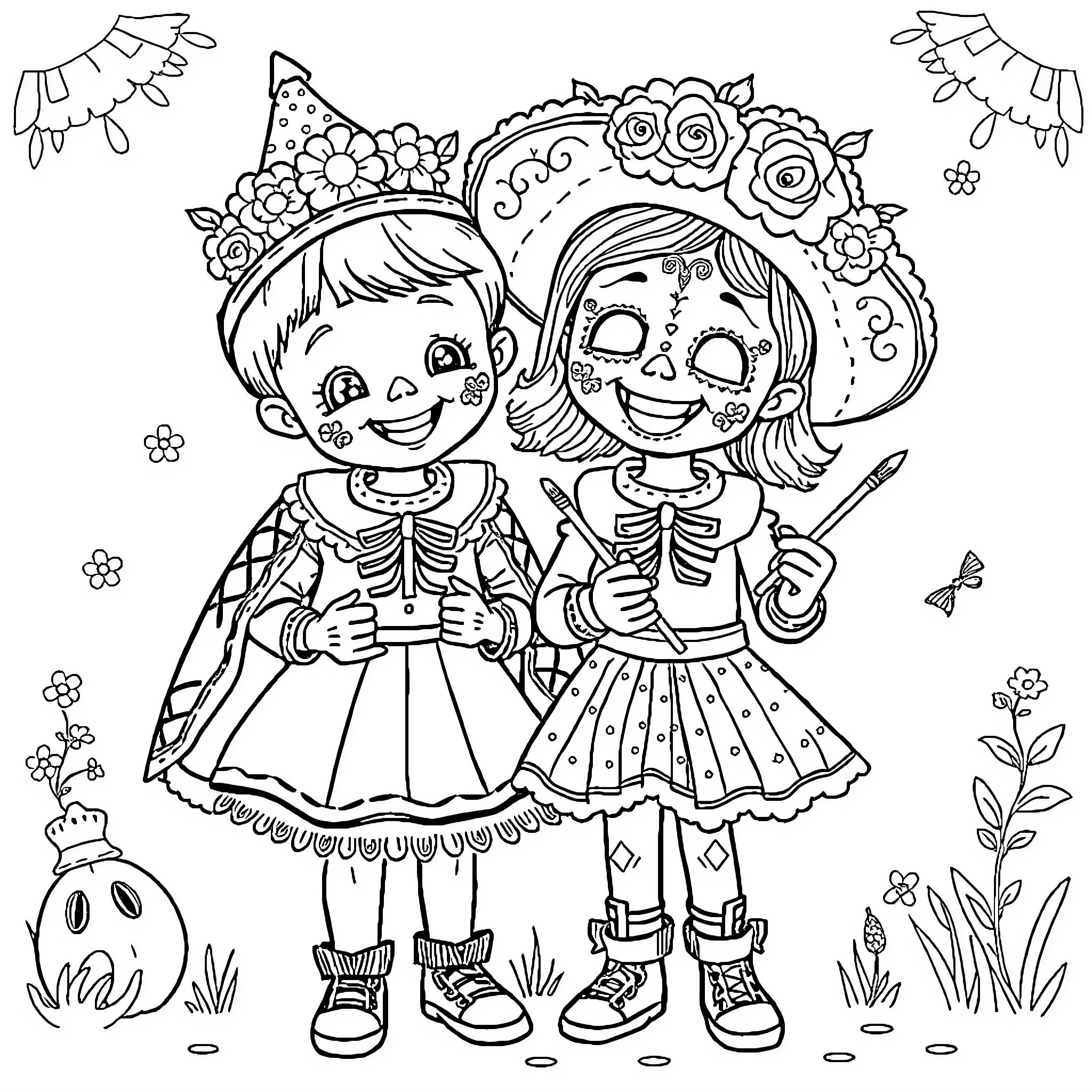 Child Skeleton Duo in Festive Attire Coloring Page (free black-and-white line drawing printable PDF for all, from beginners to advanced learners, including children, teens, adults, and seniors)