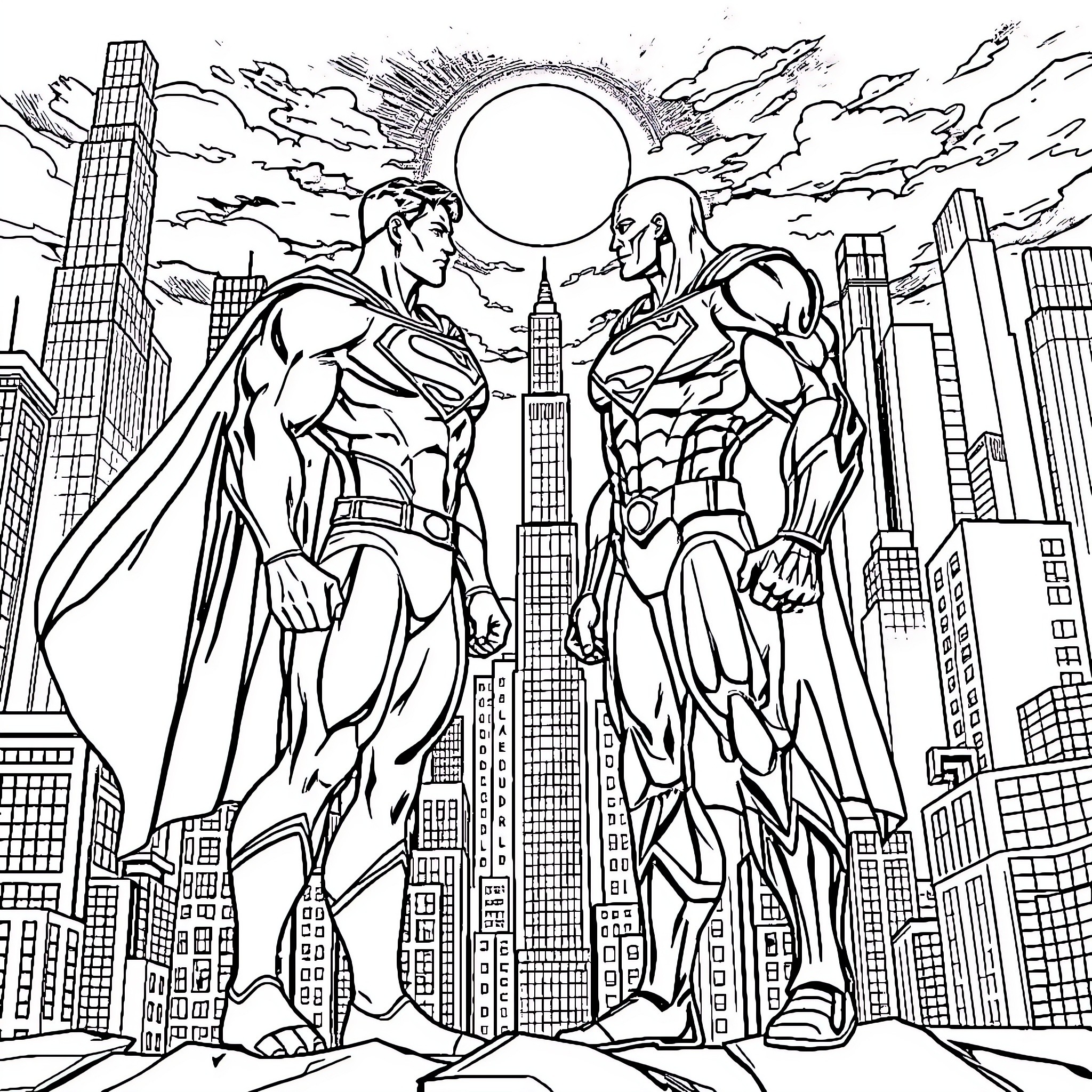 Superman and superhero figure in the city Coloring Page (free black-and-white line drawing printable PDF for all, from beginners to advanced learners, including children, teens, adults, and seniors)