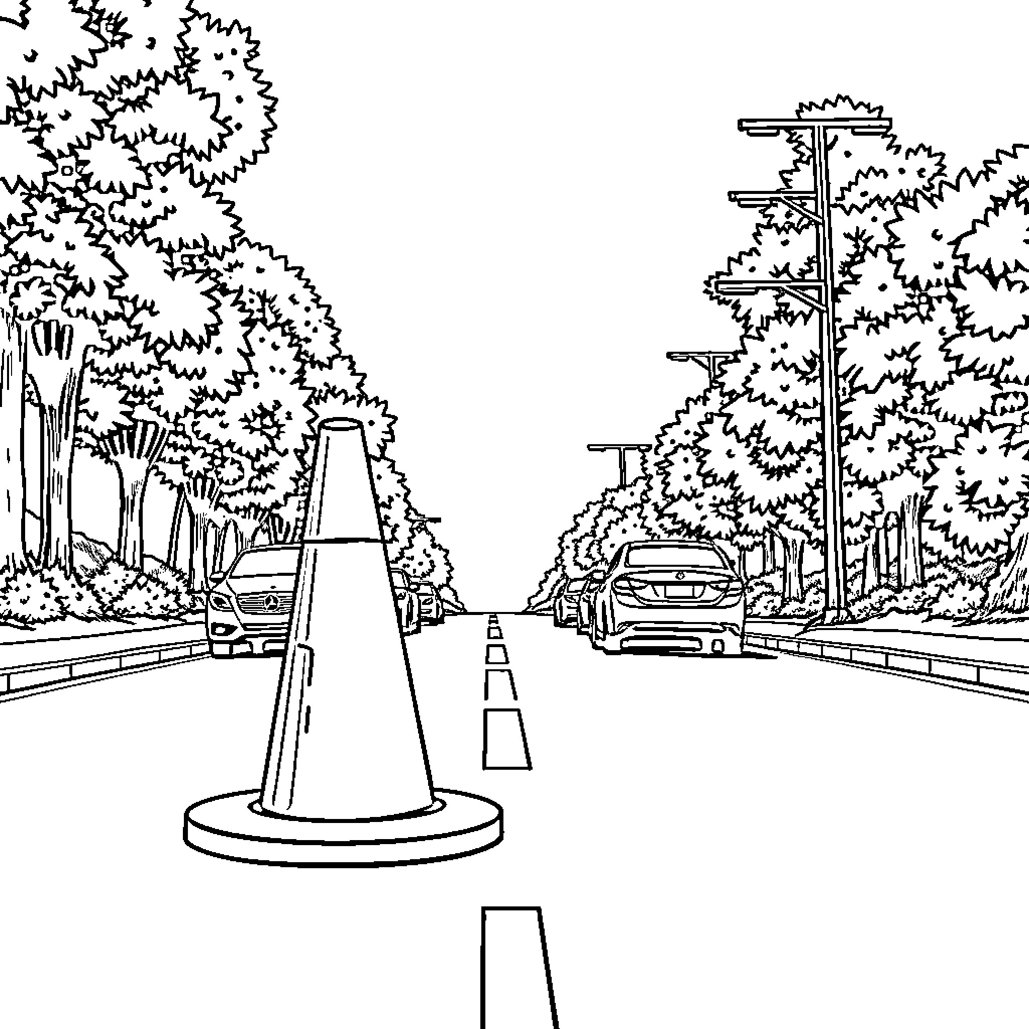 Traffic Cone Marking Road in Forest Landscape Coloring Page (free black-and-white line drawing printable PDF for all, from beginners to advanced learners, including children, teens, adults, and seniors)