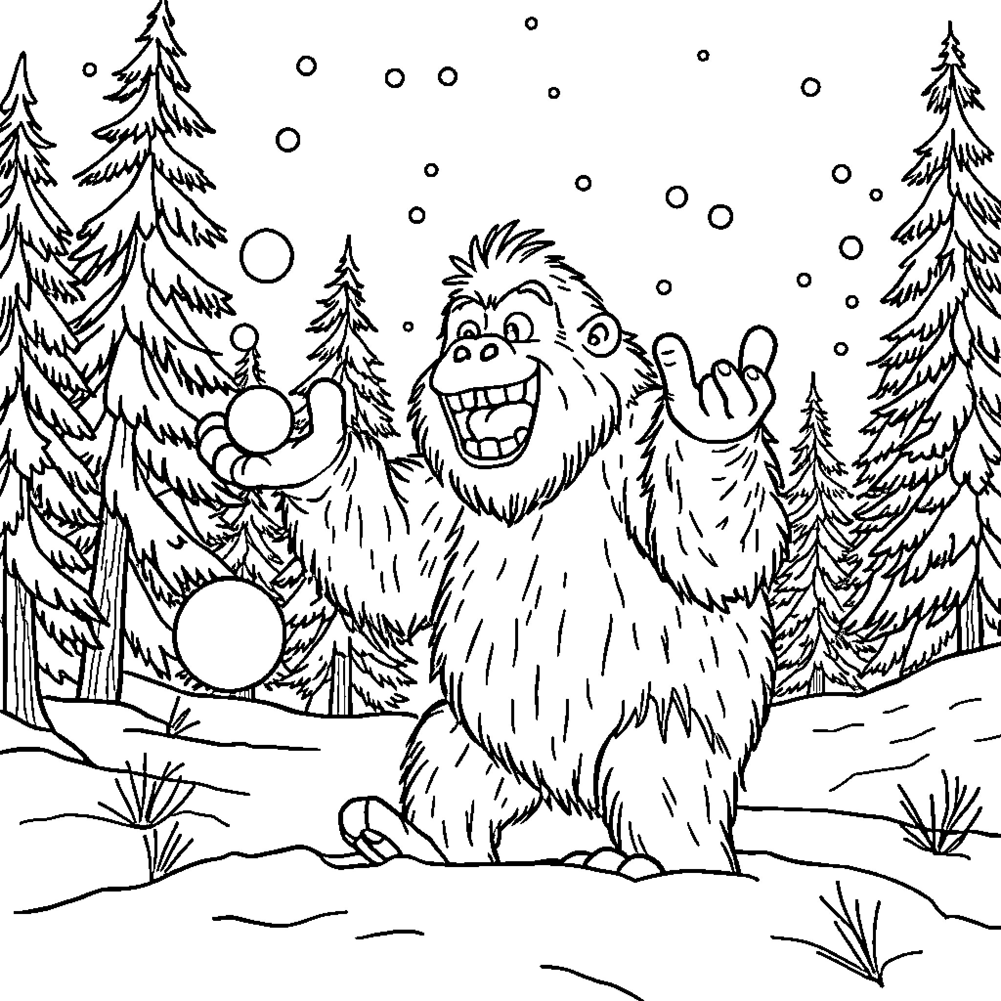 Sasquatch having a snowy winter celebration Coloring Page (free black-and-white line drawing printable PDF for all, from beginners to advanced learners, including children, teens, adults, and seniors)