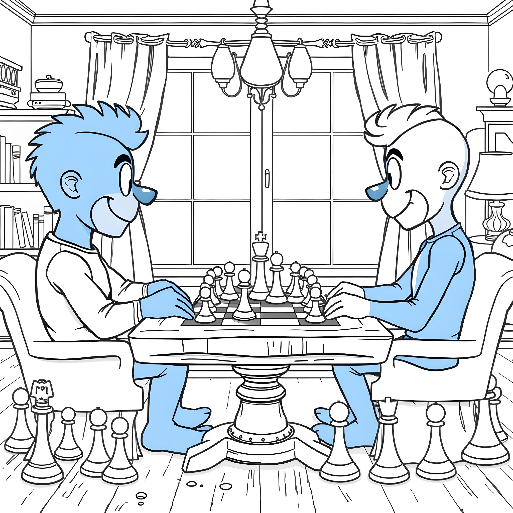 Bluey and friend play chess together in a cozy room Coloring Page (free black-and-white line drawing printable PDF for all, from beginners to advanced learners, including children, teens, adults, and seniors)