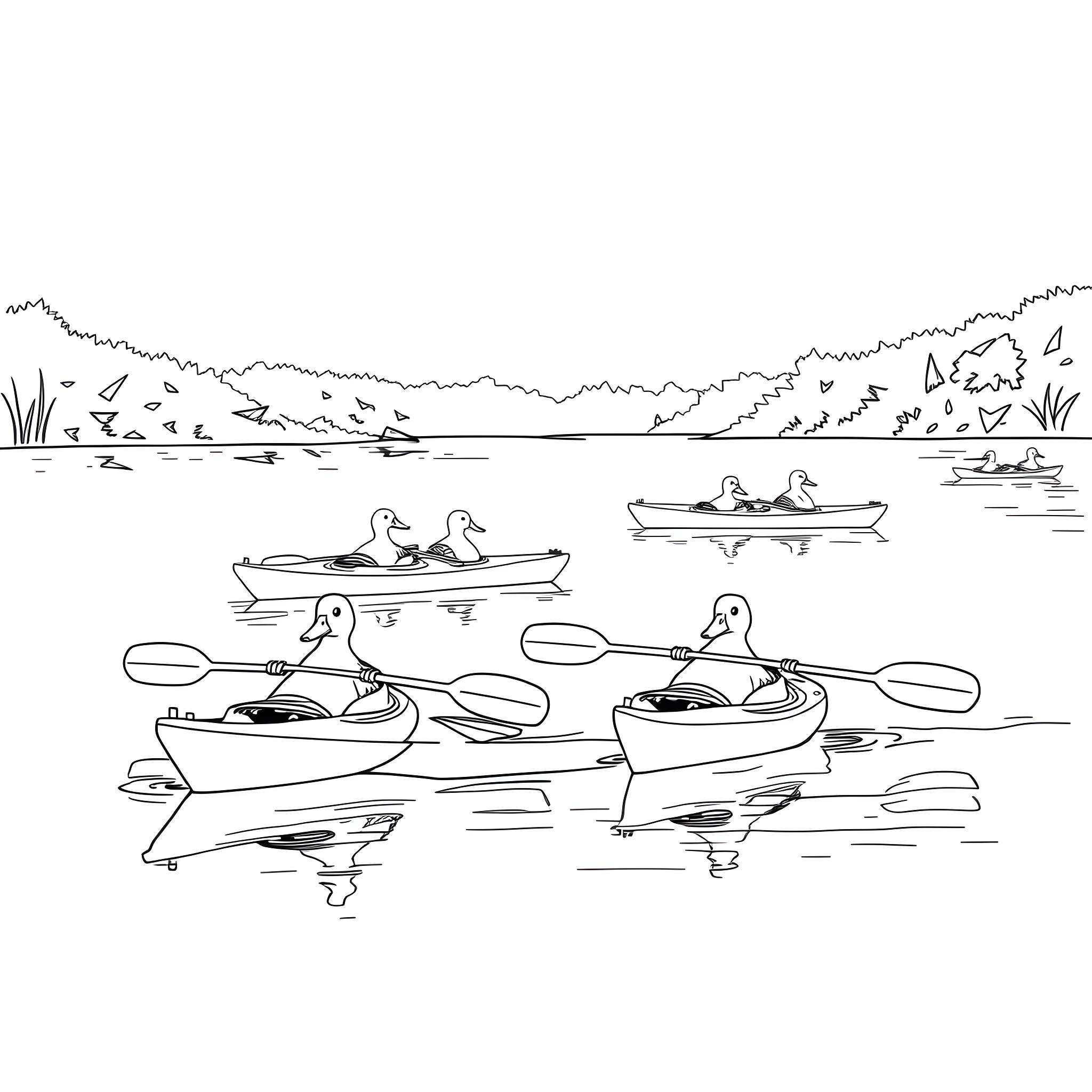 Duck boats floating on the lake Coloring Page (free black-and-white line drawing printable PDF for all, from beginners to advanced learners, including children, teens, adults, and seniors)