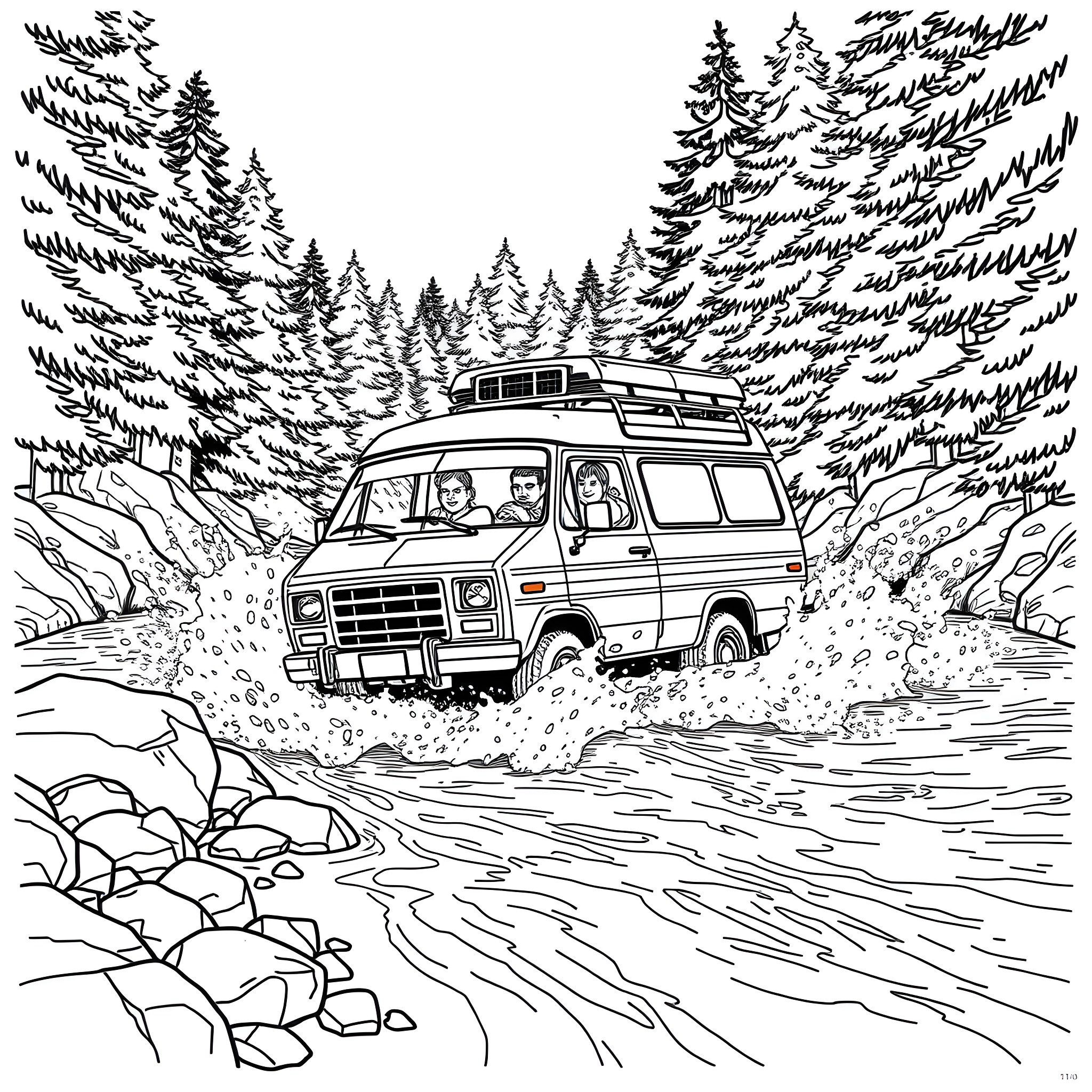 Team on a Camping Adventure in the Forest Coloring Page (free black-and-white line drawing printable PDF for all, from beginners to advanced learners, including children, teens, adults, and seniors)