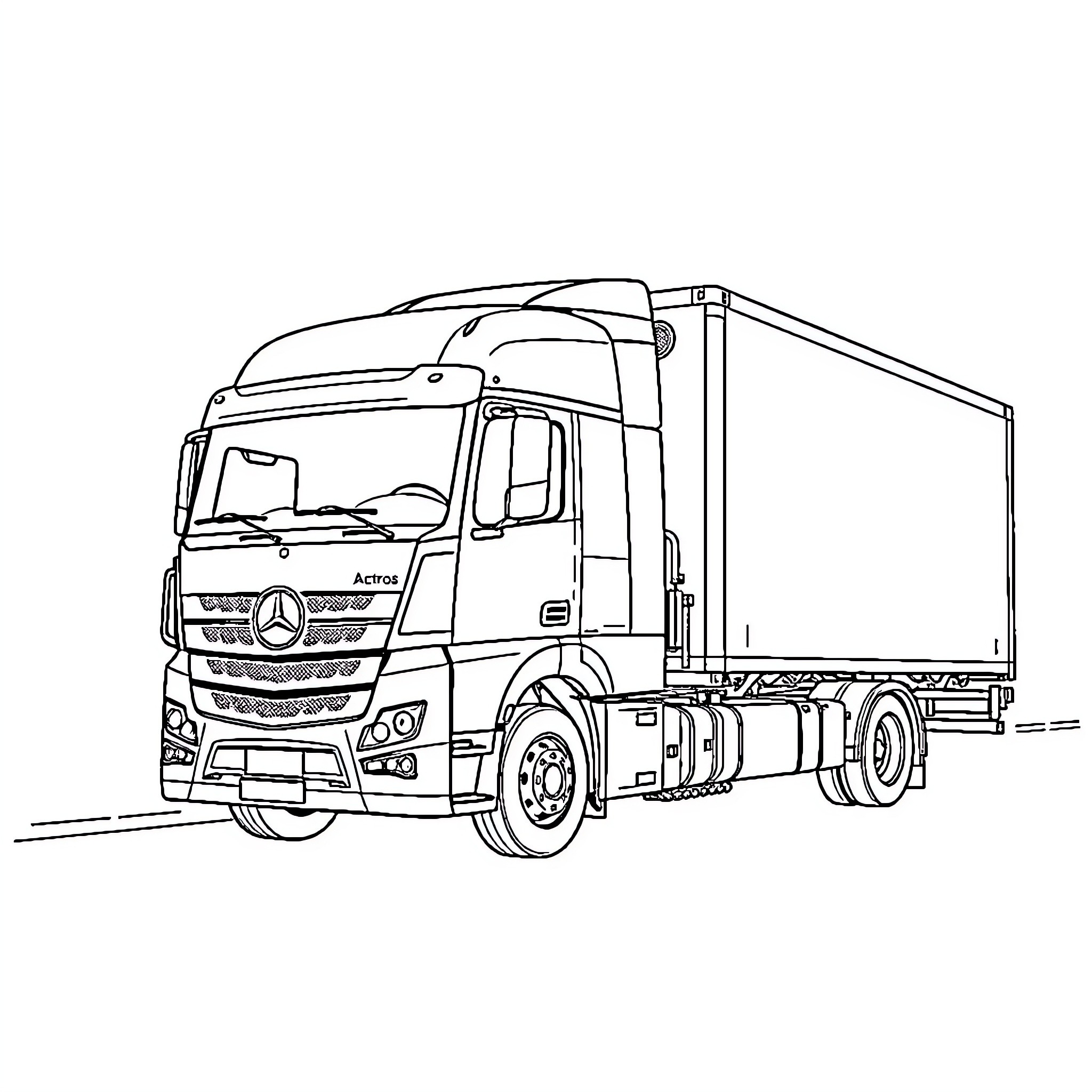 Mercedes Actros Truck Transporting Cargo Coloring Page (free black-and-white line drawing printable PDF for all, from beginners to advanced learners, including children, teens, adults, and seniors)