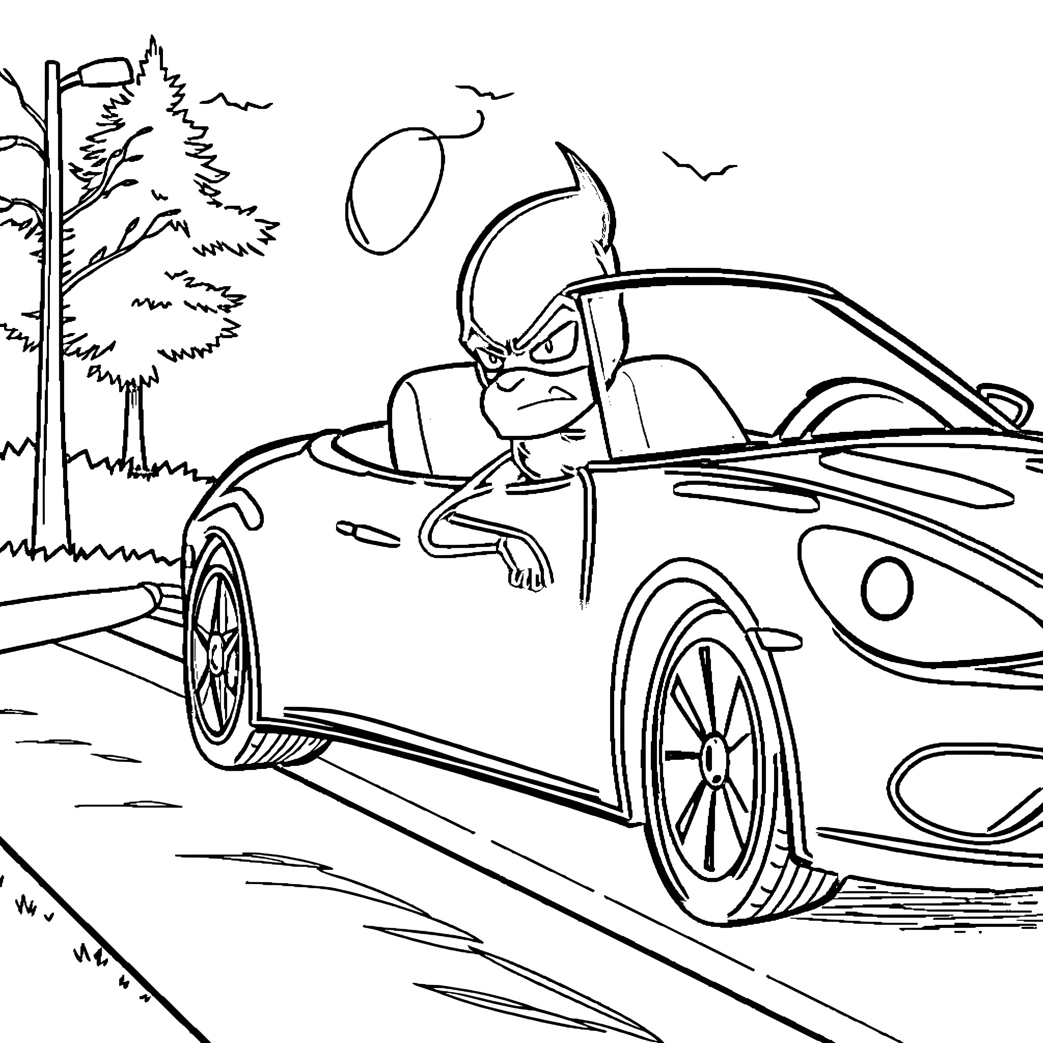Car speeding on the open road Coloring Page (free black-and-white line drawing printable PDF for all, from beginners to advanced learners, including children, teens, adults, and seniors)