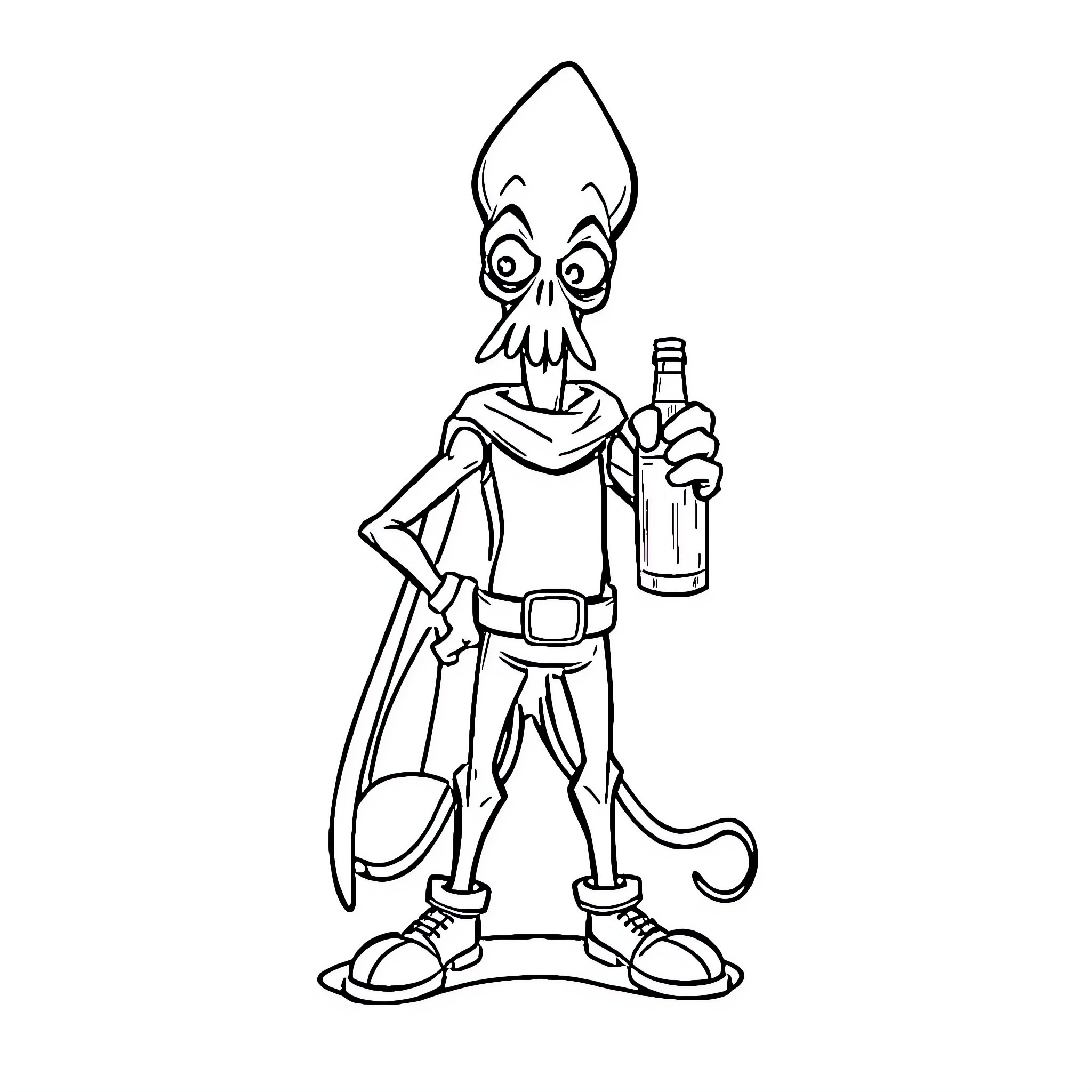 Hero Alien Character with Bottle Coloring Page (free black-and-white line drawing printable PDF for all, from beginners to advanced learners, including children, teens, adults, and seniors)