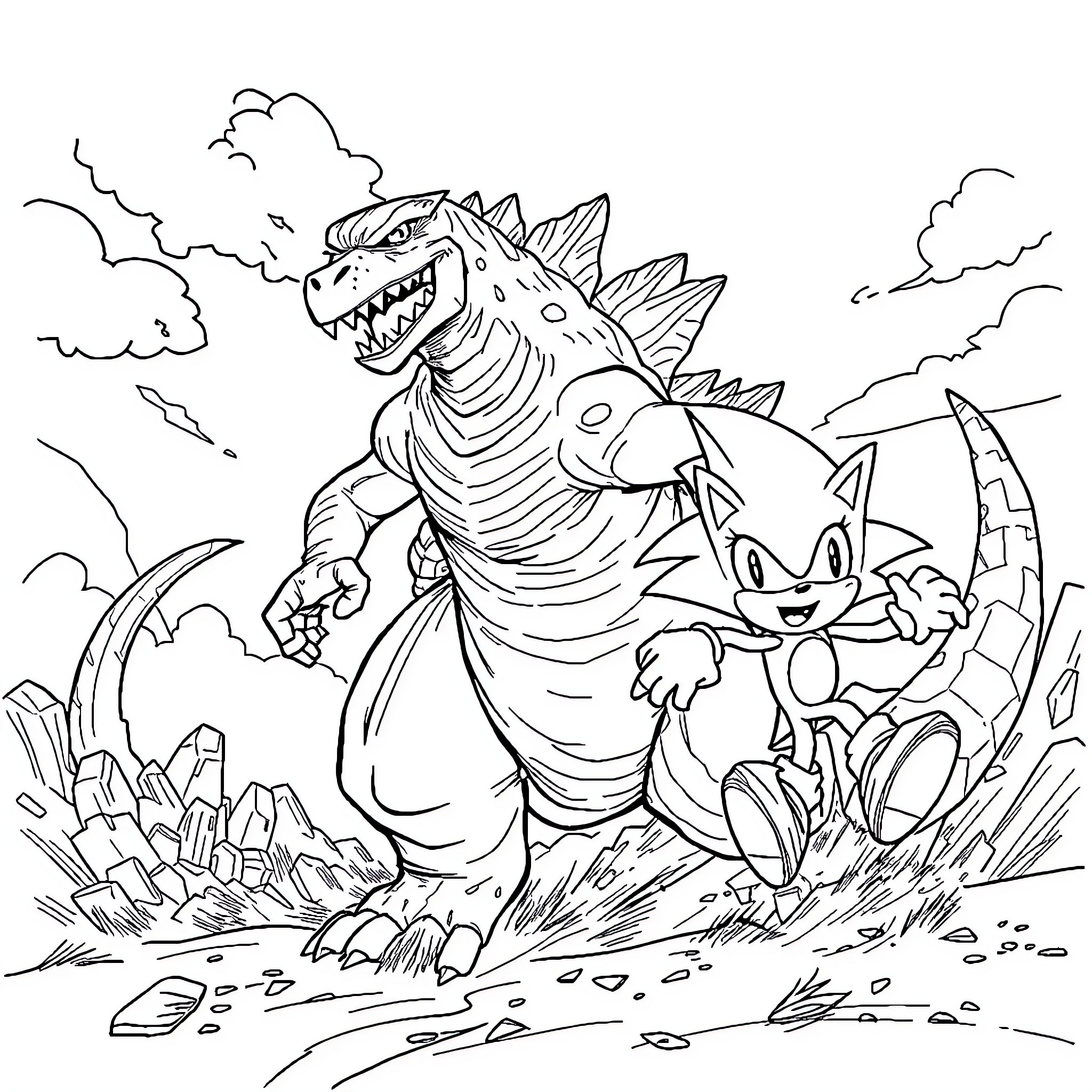 Godzilla rampaging with Sonic the Hedgehog Coloring Page (free black-and-white line drawing printable PDF for all, from beginners to advanced learners, including children, teens, adults, and seniors)