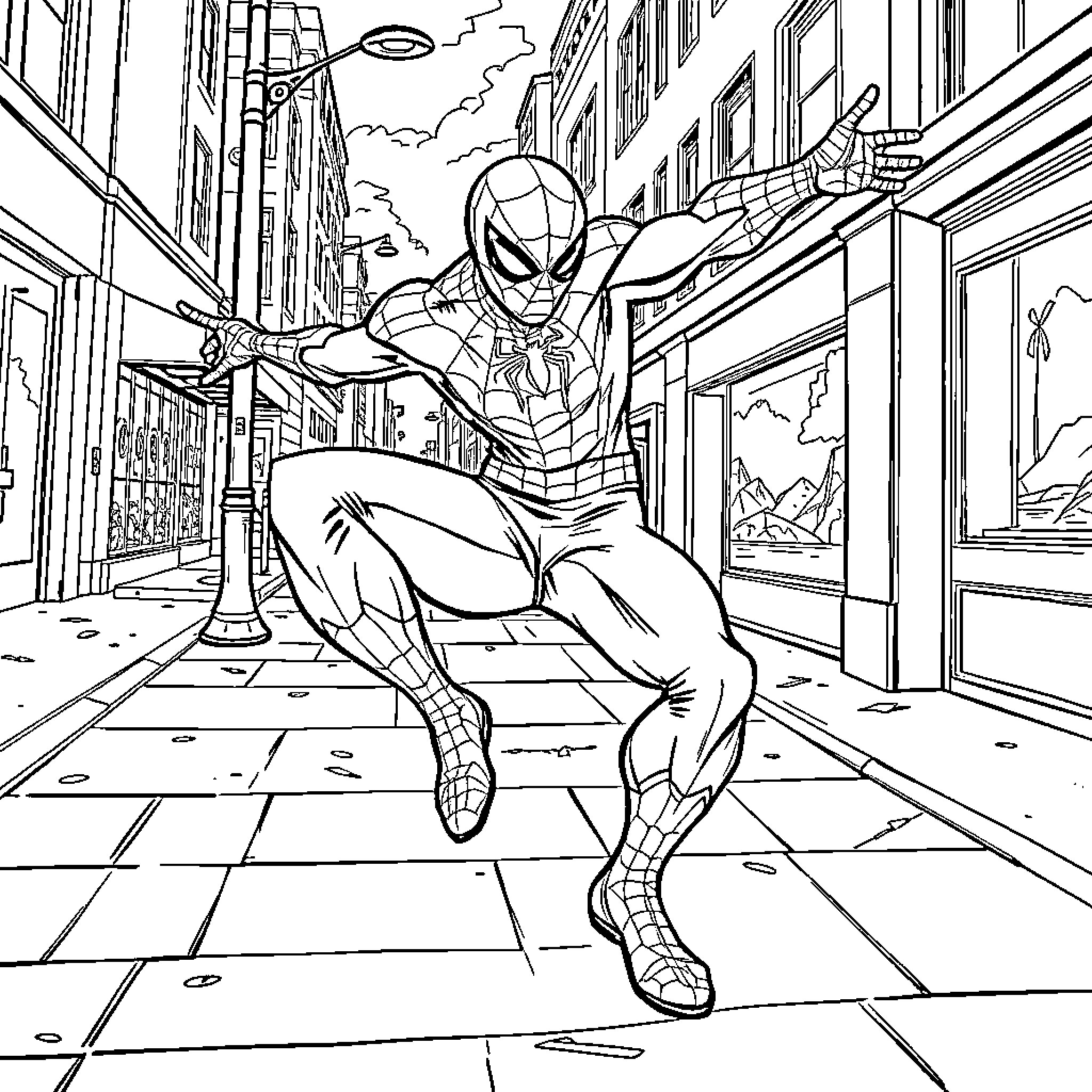 Spiderman swinging through the city streets Coloring Page (free black-and-white line drawing printable PDF for all, from beginners to advanced learners, including children, teens, adults, and seniors)