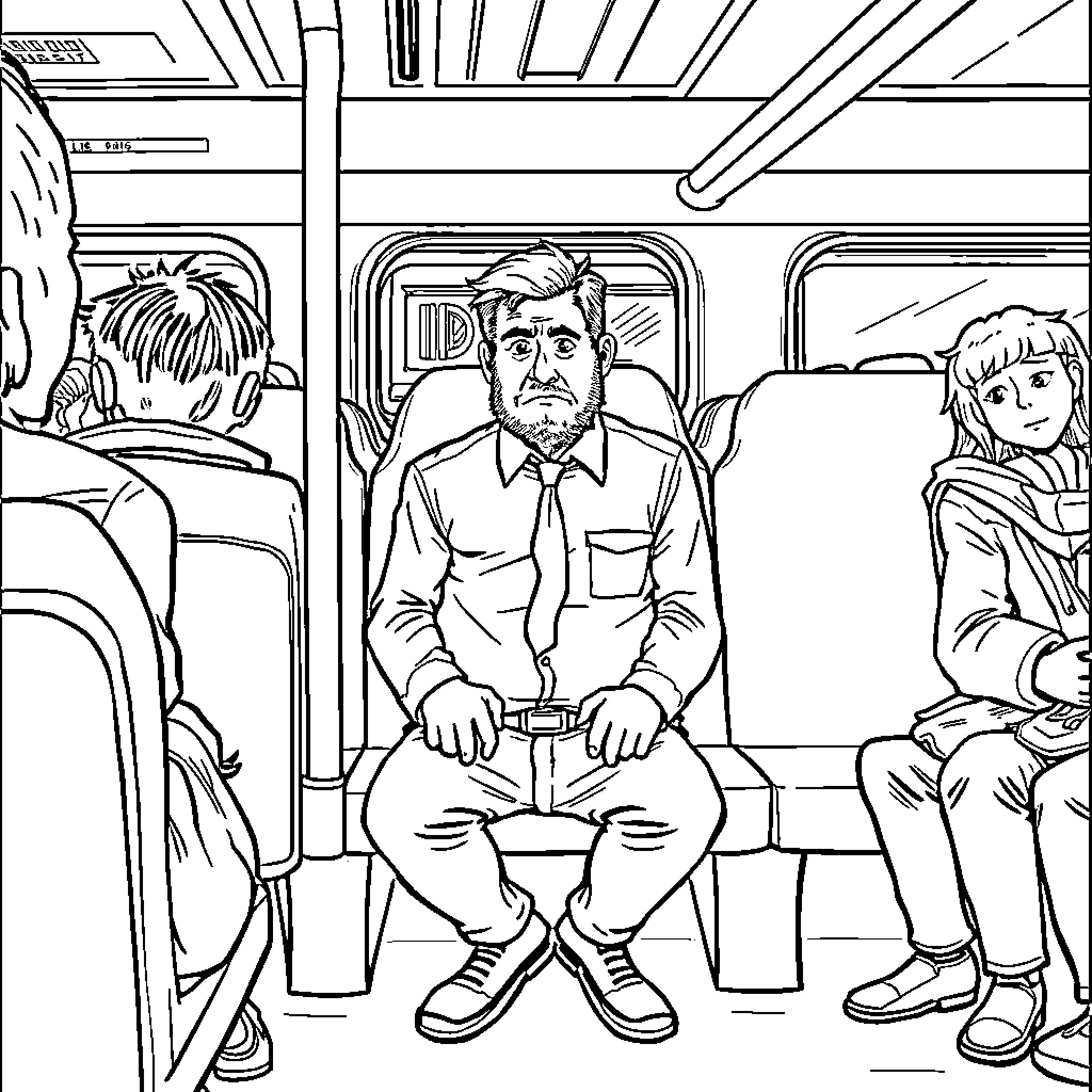 Man commutes on public transportation with other passengers Coloring Page (free black-and-white line drawing printable PDF for all, from beginners to advanced learners, including children, teens, adults, and seniors)