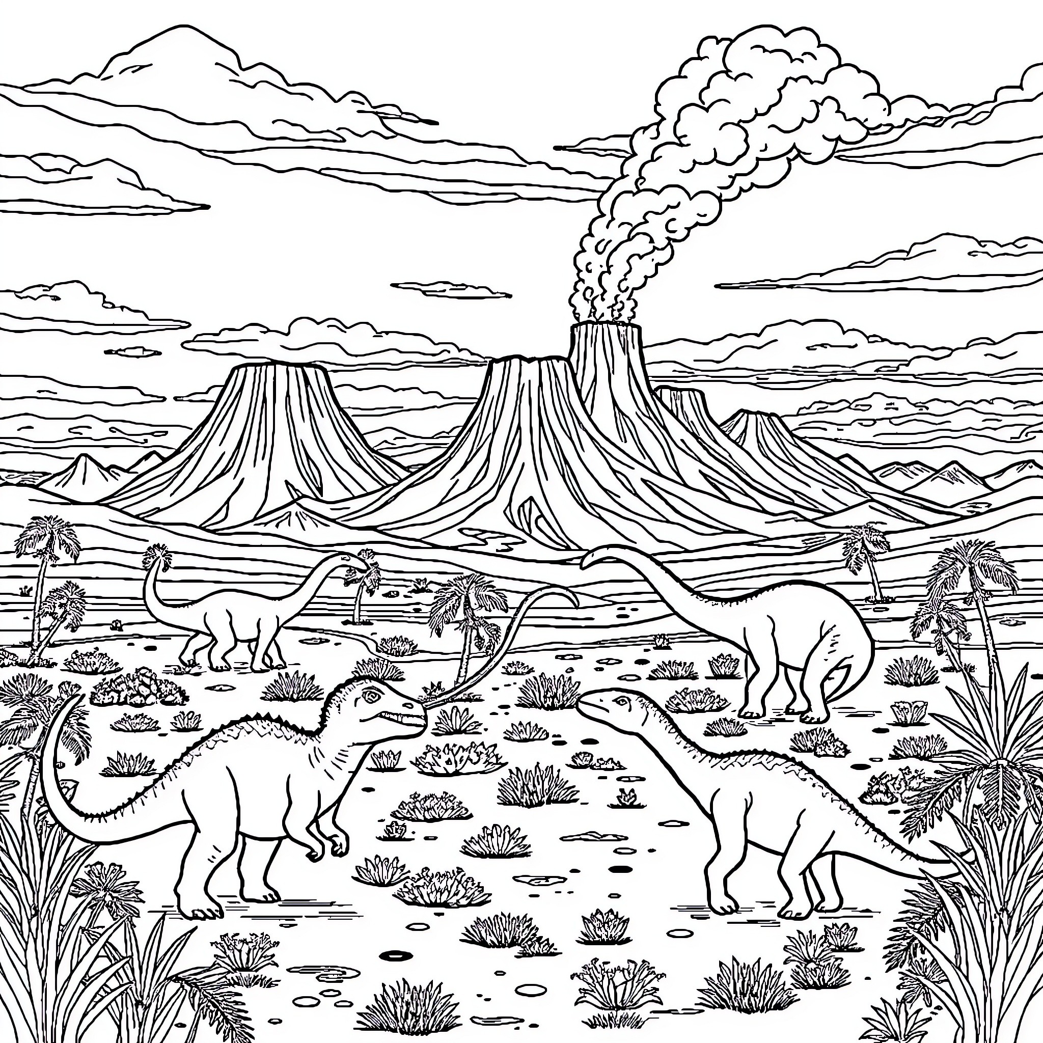 Dinosaurs in a prehistoric volcanic landscape Coloring Page (free black-and-white line drawing printable PDF for all, from beginners to advanced learners, including children, teens, adults, and seniors)