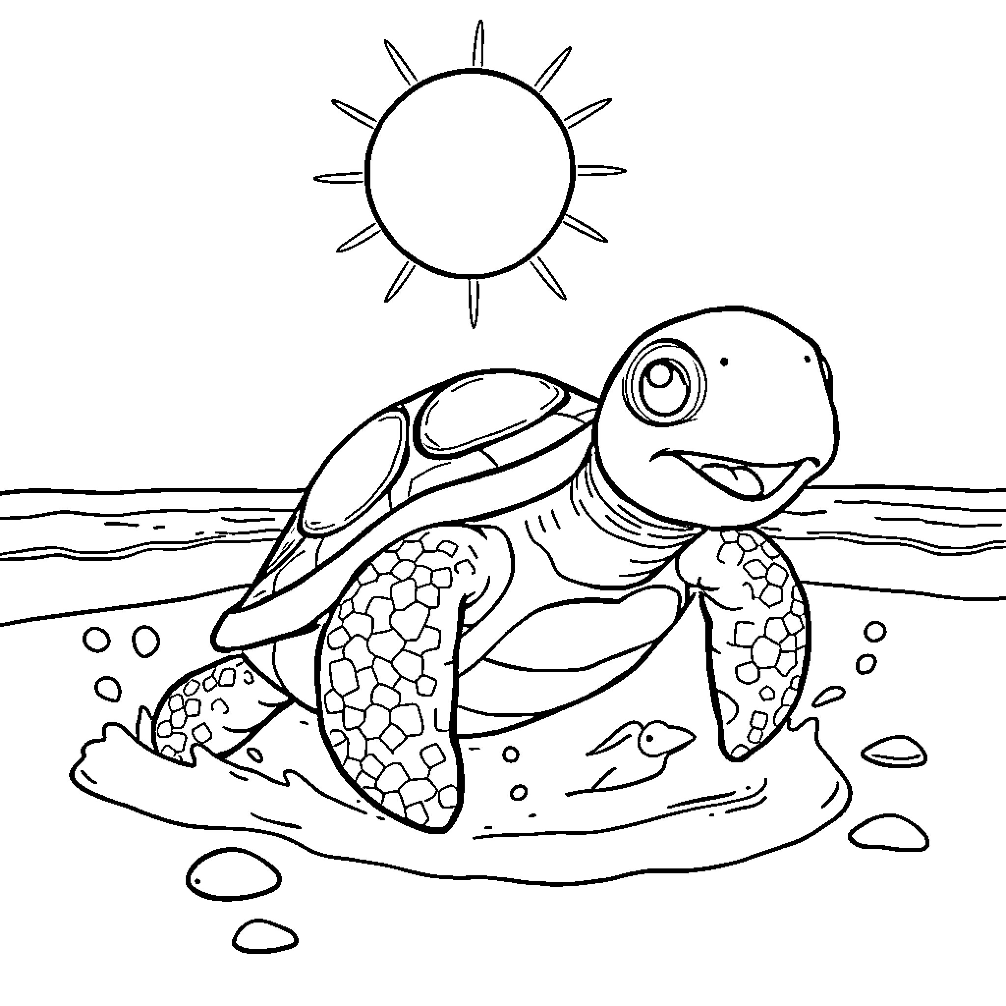 Turtle swimming in the ocean under the sun Coloring Page (free black-and-white line drawing printable PDF for all, from beginners to advanced learners, including children, teens, adults, and seniors)