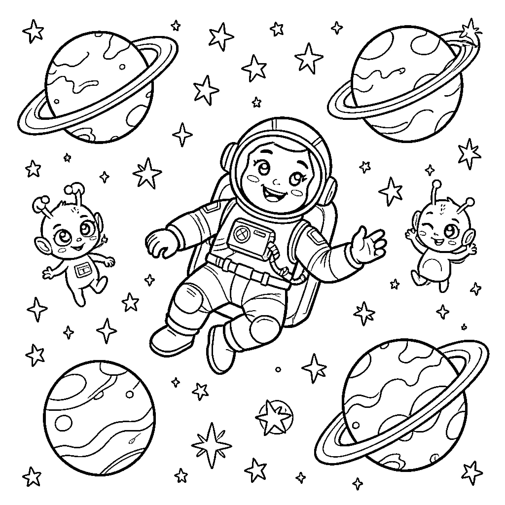 Alien astronauts exploring the starry cosmos Coloring Page (free black-and-white line drawing printable PDF for all, from beginners to advanced learners, including children, teens, adults, and seniors)