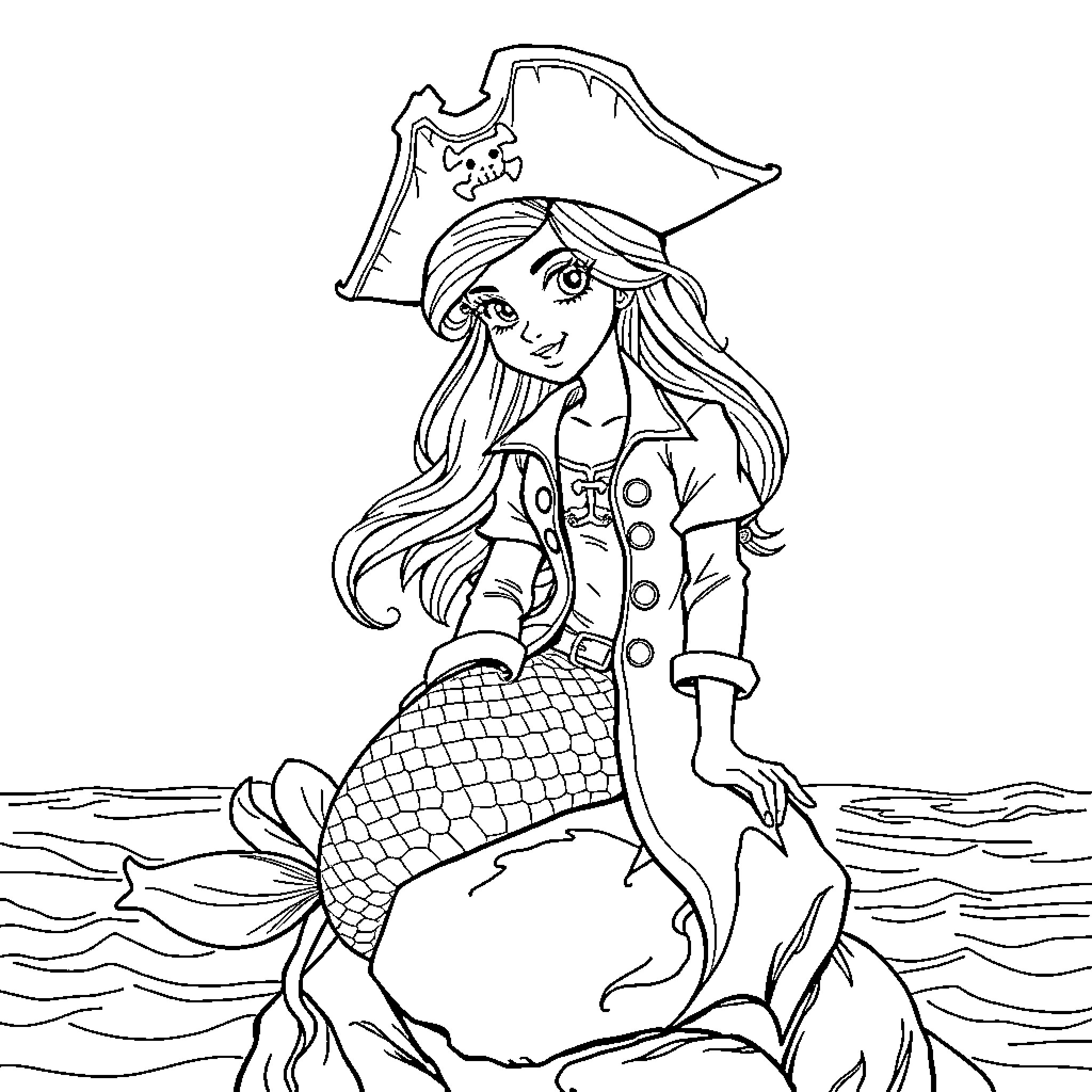 Mermaid pirate with flowing hair and pirate hat Coloring Page (free black-and-white line drawing printable PDF for all, from beginners to advanced learners, including children, teens, adults, and seniors)