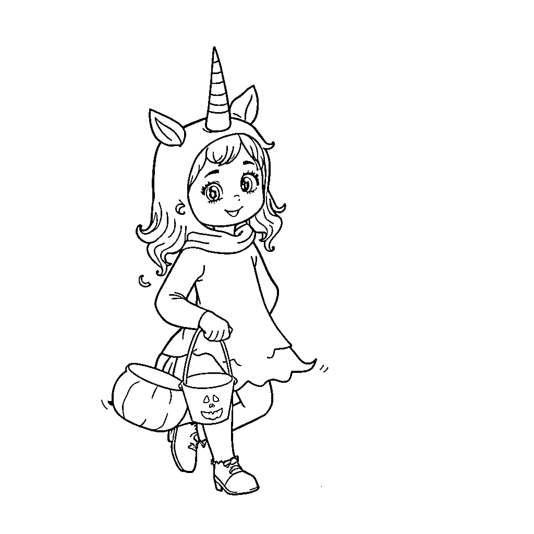 Girl dressed as a unicorn with a Halloween pumpkin Coloring Page (free black-and-white line drawing printable PDF for all, from beginners to advanced learners, including children, teens, adults, and seniors)
