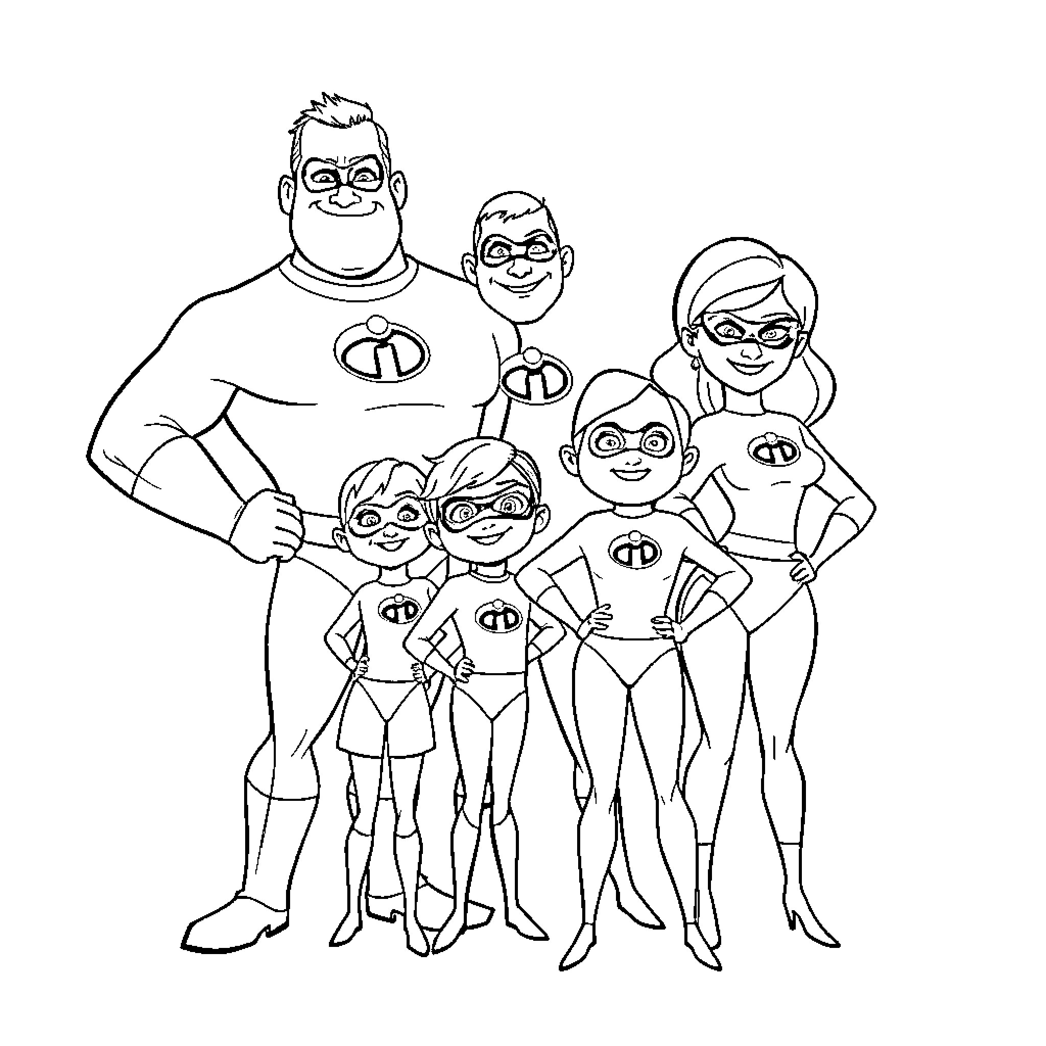 Incredibles family in heroic poses Coloring Page (free black-and-white line drawing printable PDF for all, from beginners to advanced learners, including children, teens, adults, and seniors)