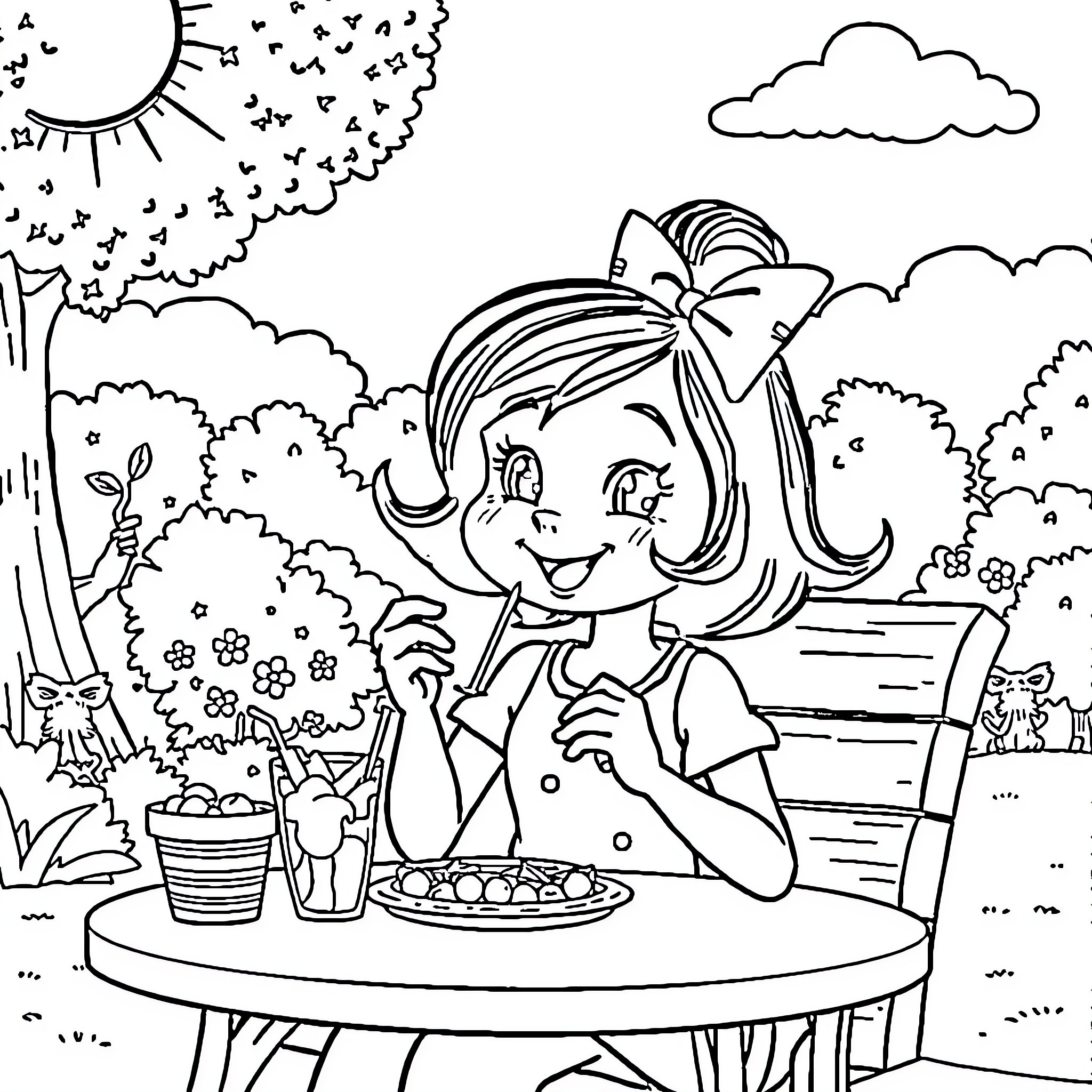 Bobbie's Outdoor Picnic Adventure Coloring Page (free black-and-white line drawing printable PDF for all, from beginners to advanced learners, including children, teens, adults, and seniors)