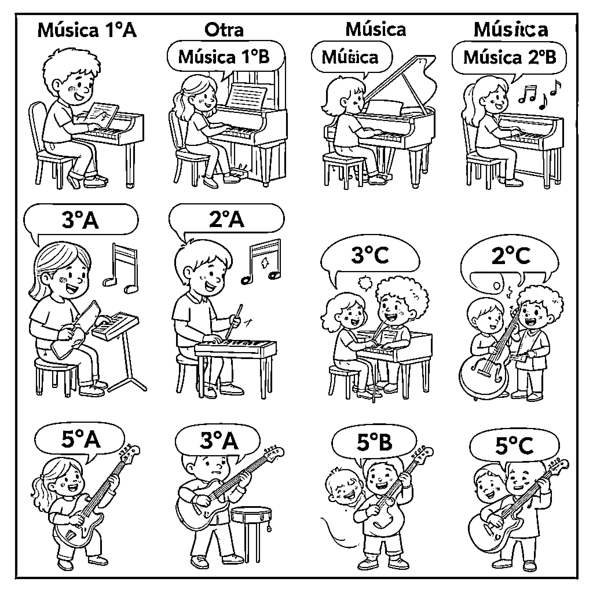 Música being played by children with various instruments Coloring Page (free black-and-white line drawing printable PDF for all, from beginners to advanced learners, including children, teens, adults, and seniors)
